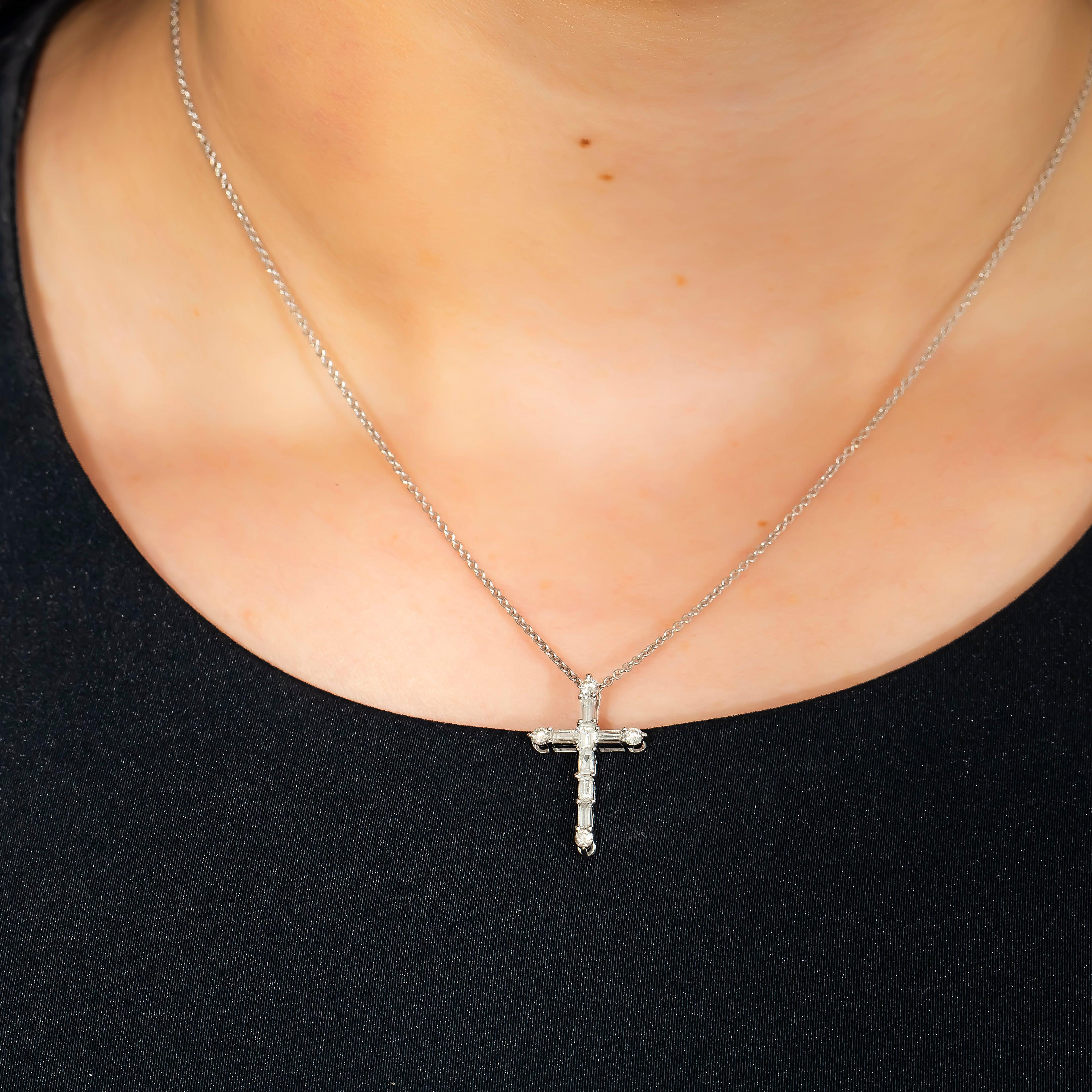 14K GOLD BAGUETTE DIAMOND CROSS NECKLACE 0.68 CT