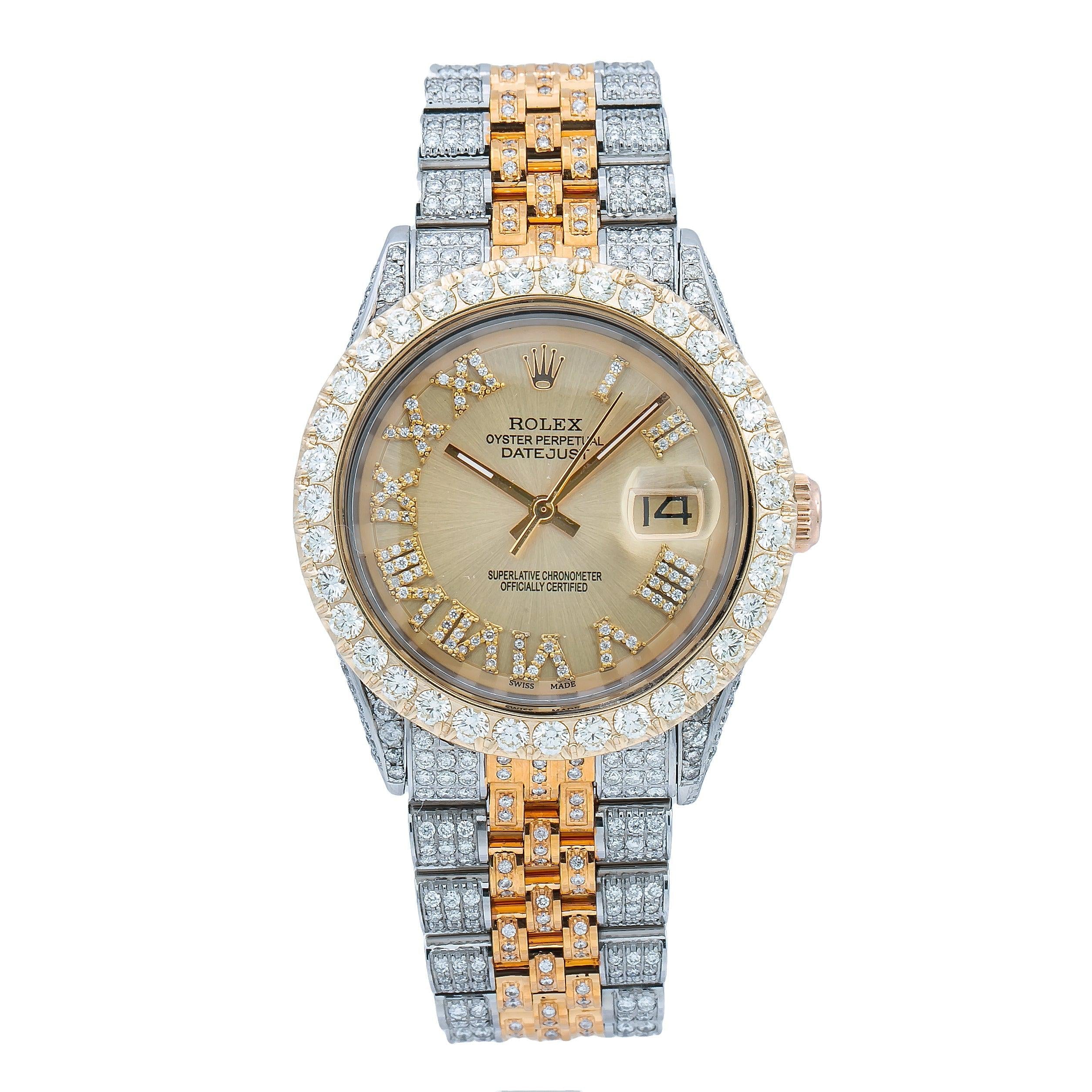 Rolex Datejust 36MM 1601 Champagne Roman Dial Diamond Bezel Two Tone Full Diamond Jubilee Bracelet 8.25ct