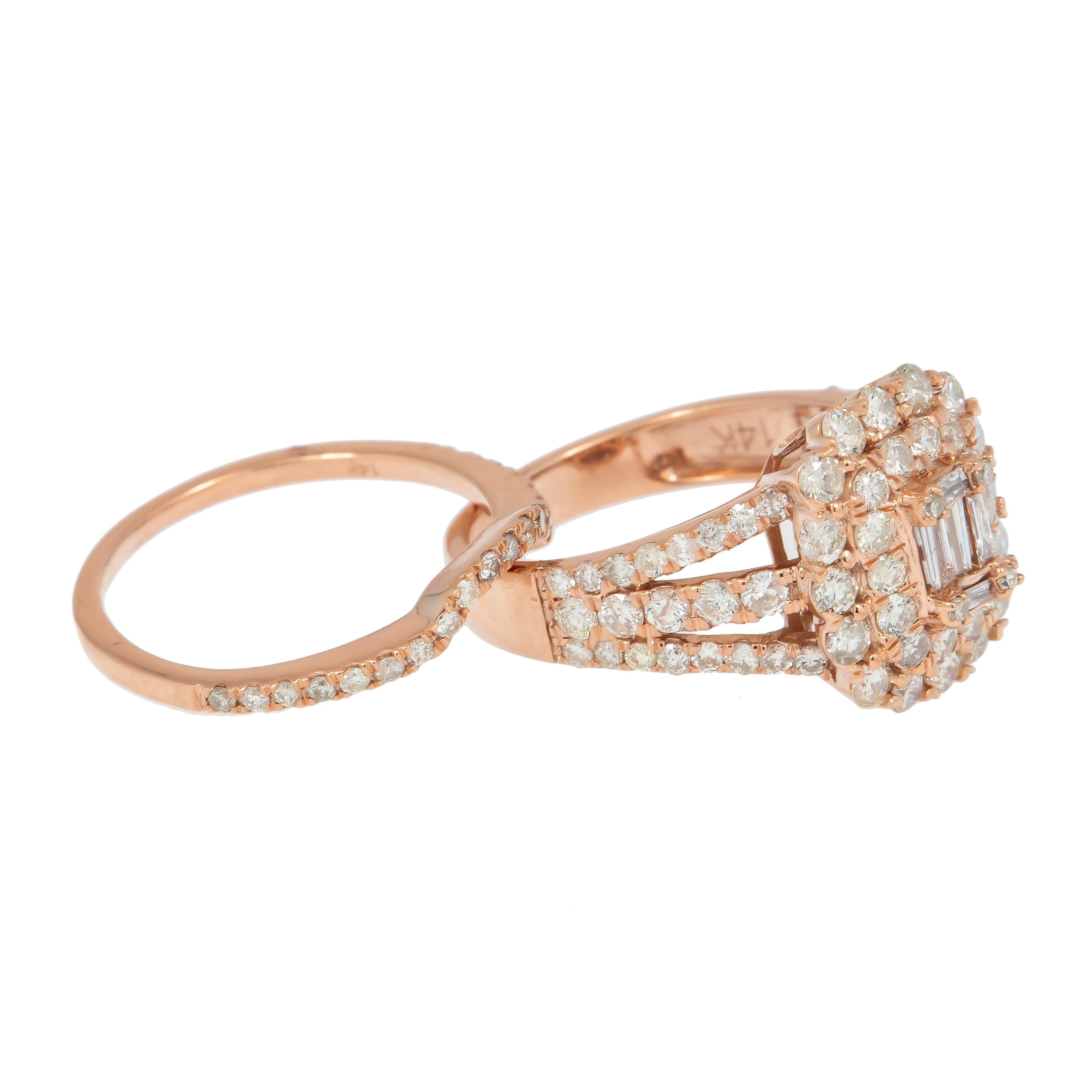 14K GOLD BAGUETTE AND ROUND DIAMOND SQUARE BRIDAL SET 2.60 CT