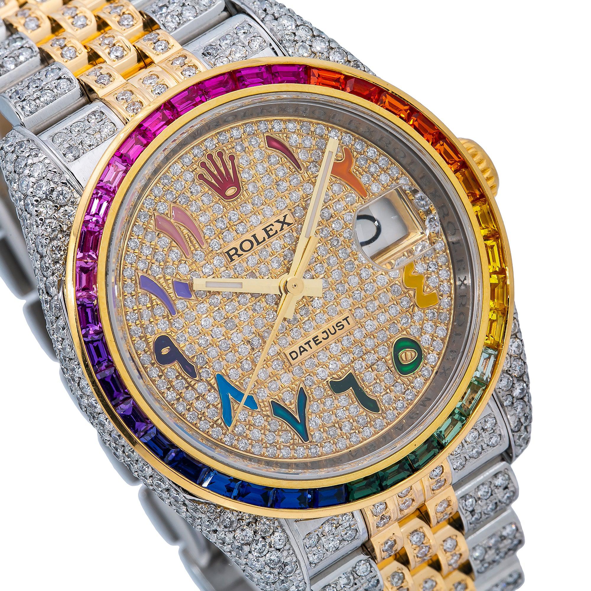 Rolex Datejust 36MM 116233 Diamond Paved Rainbow Roman Dial Rainbow Gemstone Bezel Two Tone Full Diamond Jubilee Bracelet 11.25ct
