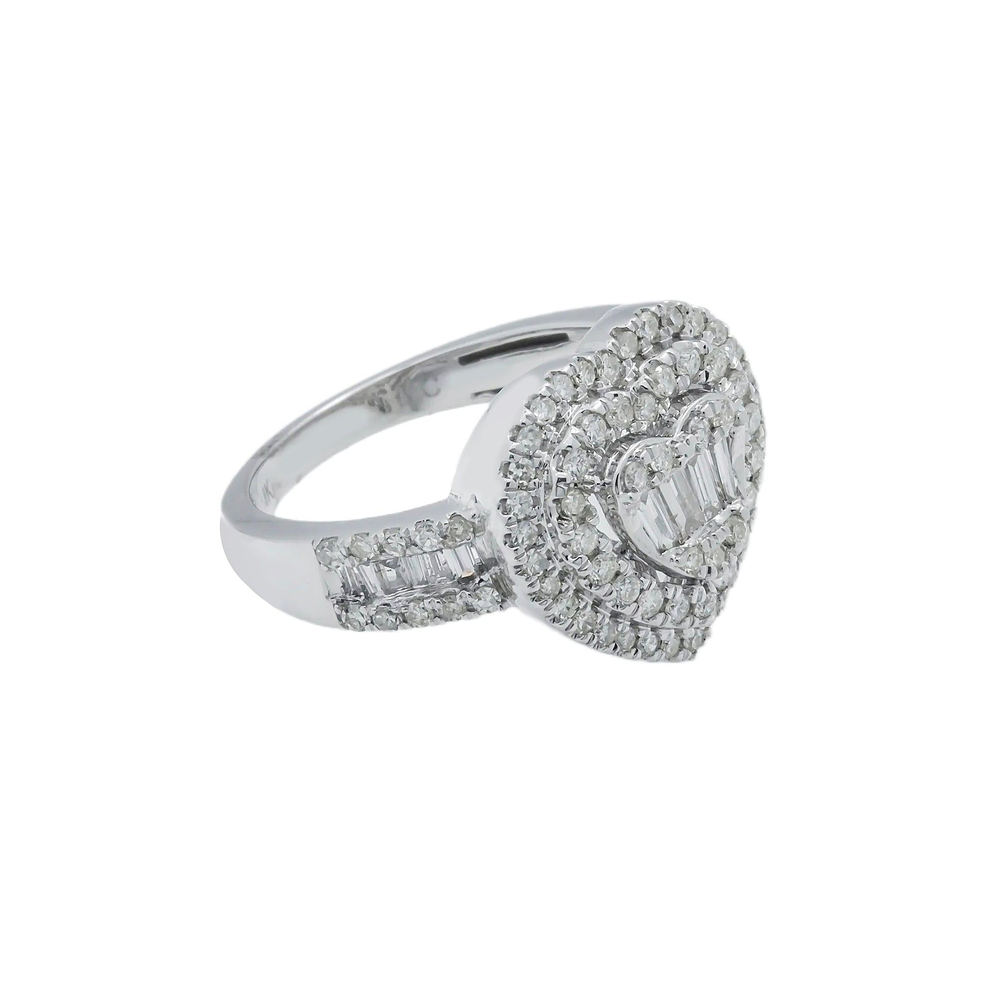 14K GOLD BAGUETTE CLUSTER DIAMOND HEART RING 1.24 CT