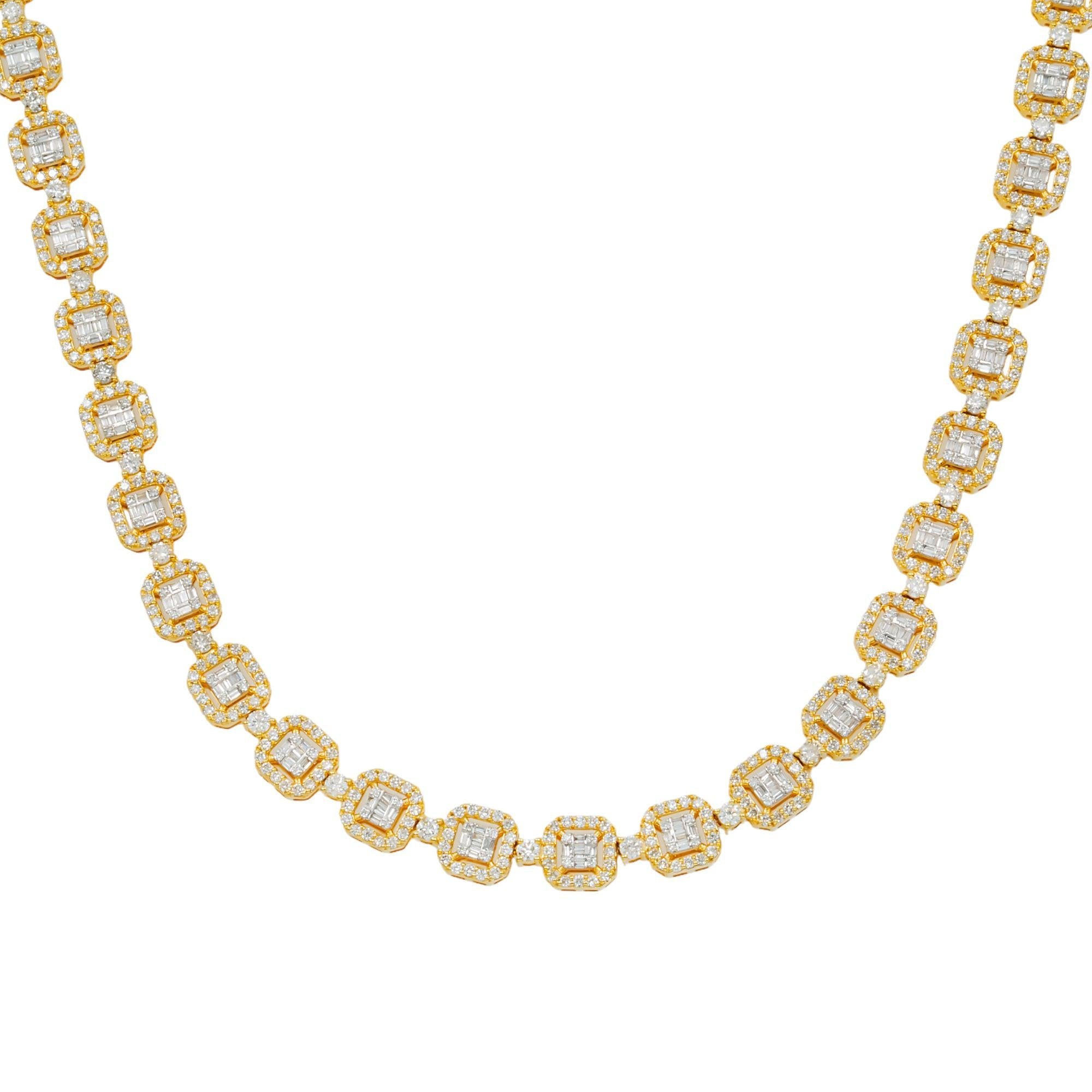 10K GOLD BAGUETTE AND ROUND CLUSTER DIAMOND SQUARE SHAPED CHAIN 12 CT