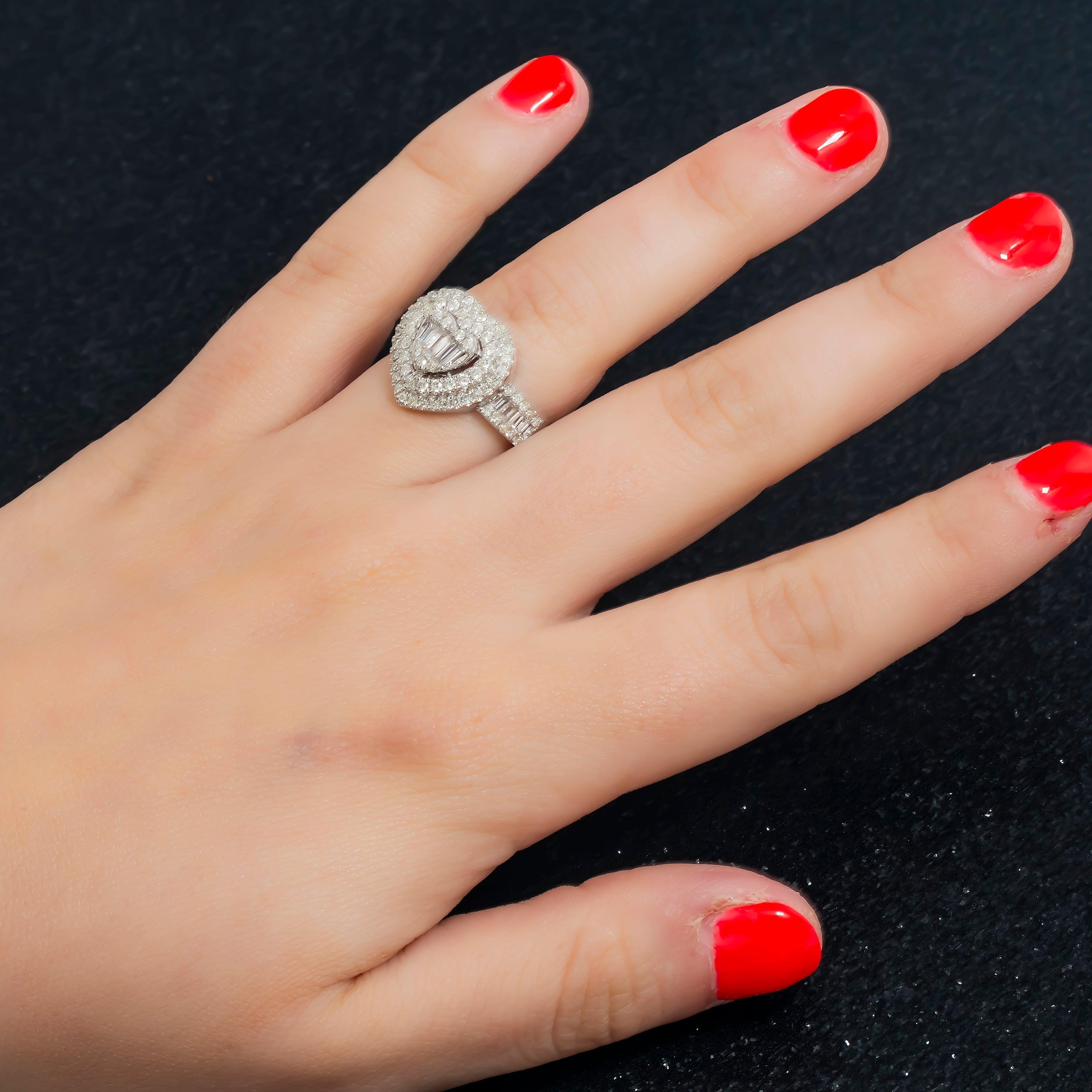 14K GOLD BAGUETTE CLUSTER DIAMOND HEART RING 1.24 CT