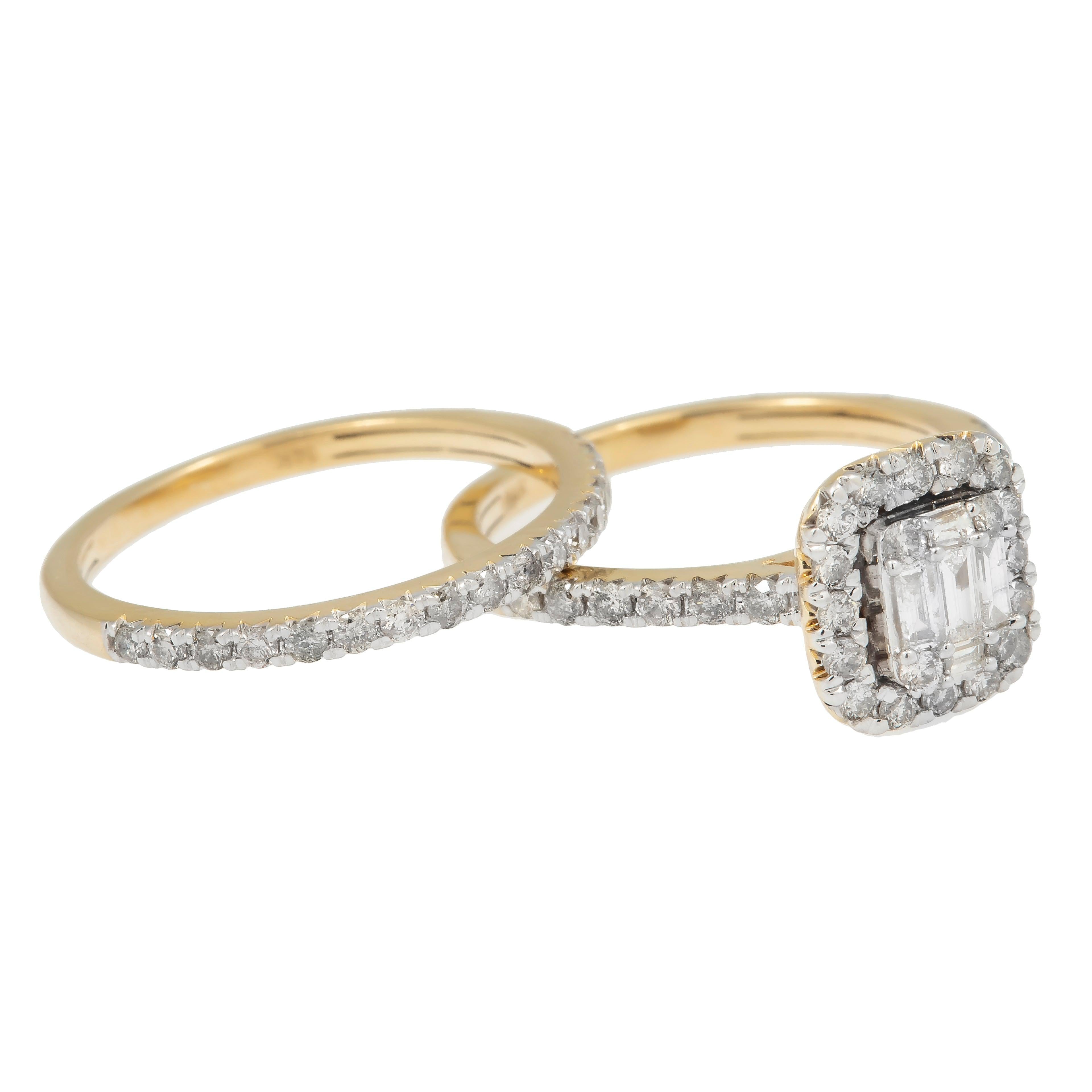 14K GOLD BAGUETTE AND ROUND DIAMOND CLUSTER BRIDAL SET 1.29 CT