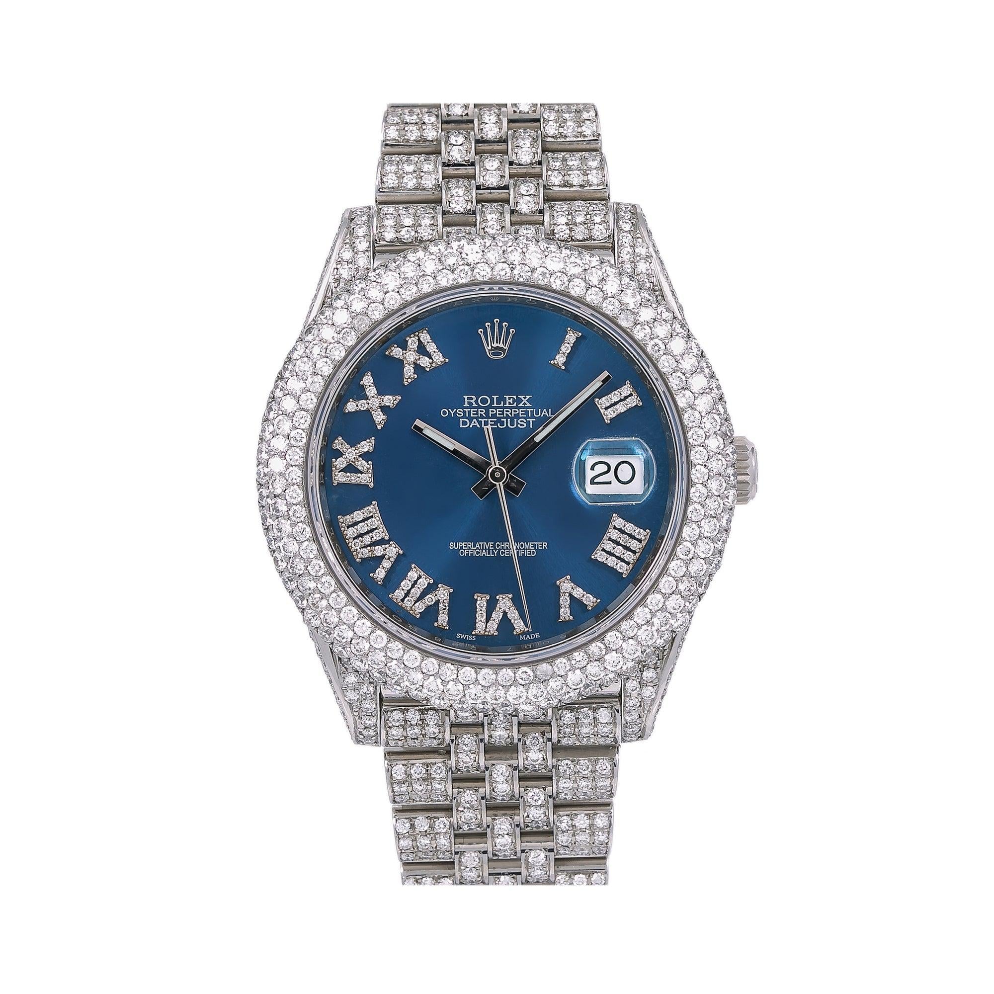 Rolex Datejust 41MM 126300 Blue Roman Dial Diamond Bezel Full Diamond Oyster Bracelet