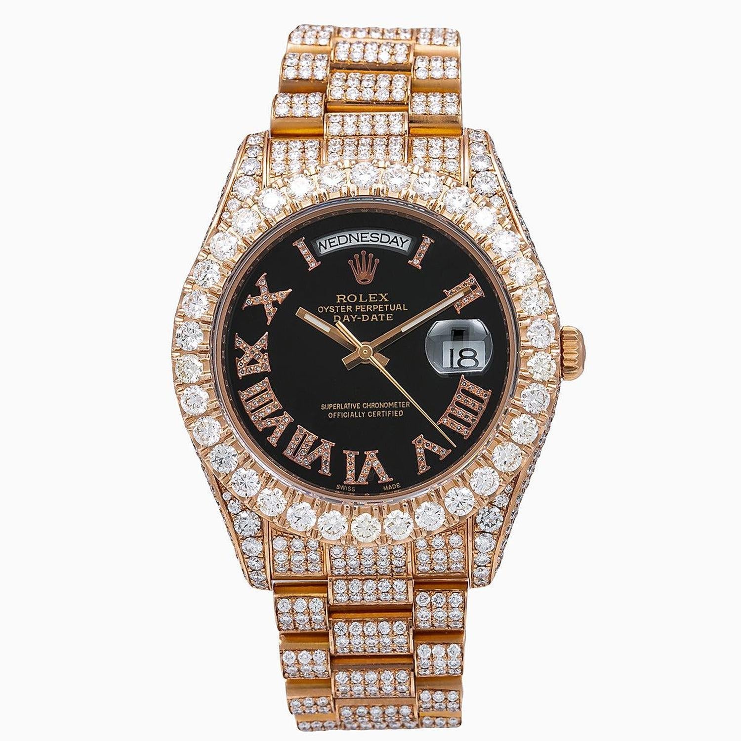 Rolex Day-Date II 41MM 218235 Black Roman Dial Diamond Bezel 18K Rose Gold Full Diamond President Bracelet 25.75ct