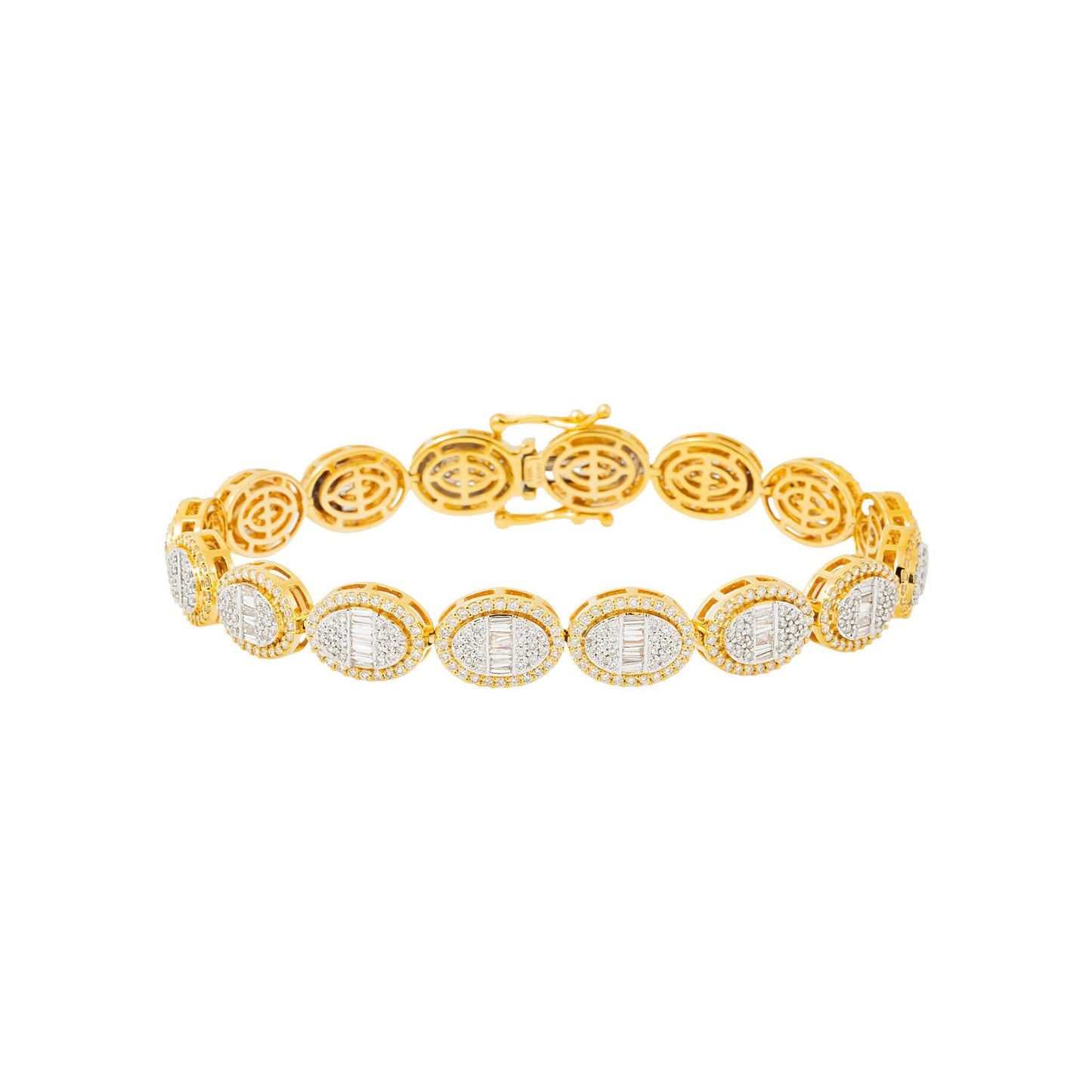 10K GOLD BAGUETTE AND ROUND DIAMONDS CLUSTER OVAL SHAPE STATEMENT BRACELET 5.94 CT