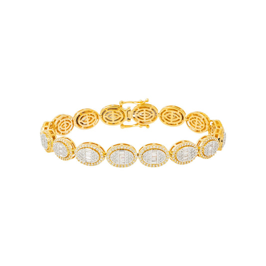 10K GOLD BAGUETTE AND ROUND DIAMONDS CLUSTER OVAL SHAPE STATEMENT BRACELET 5.94 CT