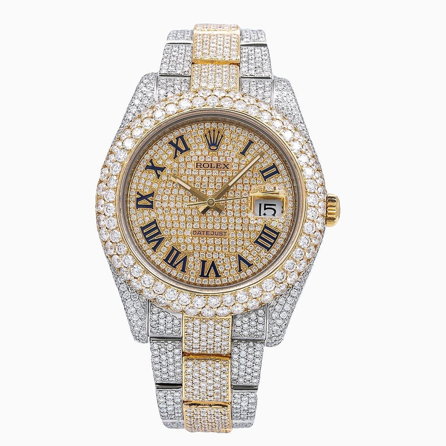 Rolex Datejust II 41MM 116333 Diamond Paved Roman Dial Diamond Bezel Two Tone Full Diamond Oyster Bracelet 22.75ct
