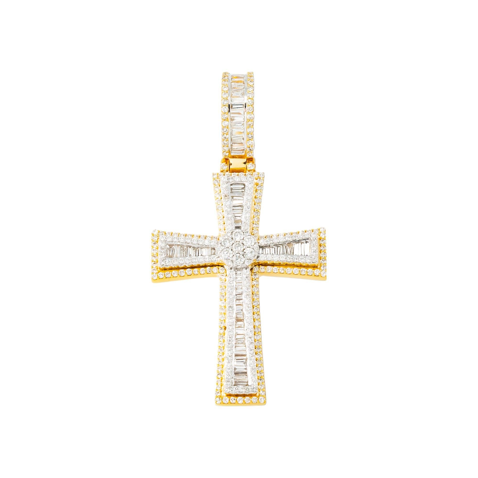 10K GOLD BAGUETTE AND ROUND DIAMOND CROSS PENDANT 2.03 CT
