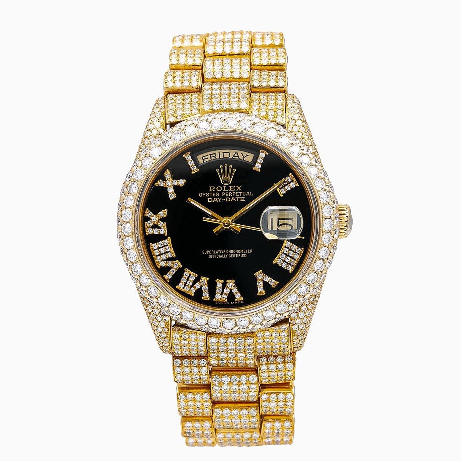 Rolex Day-Date 36MM 18038 Black Roman Dial Diamond Bezel 18K Yellow Gold Full Diamond President Bracelet 23.25ct