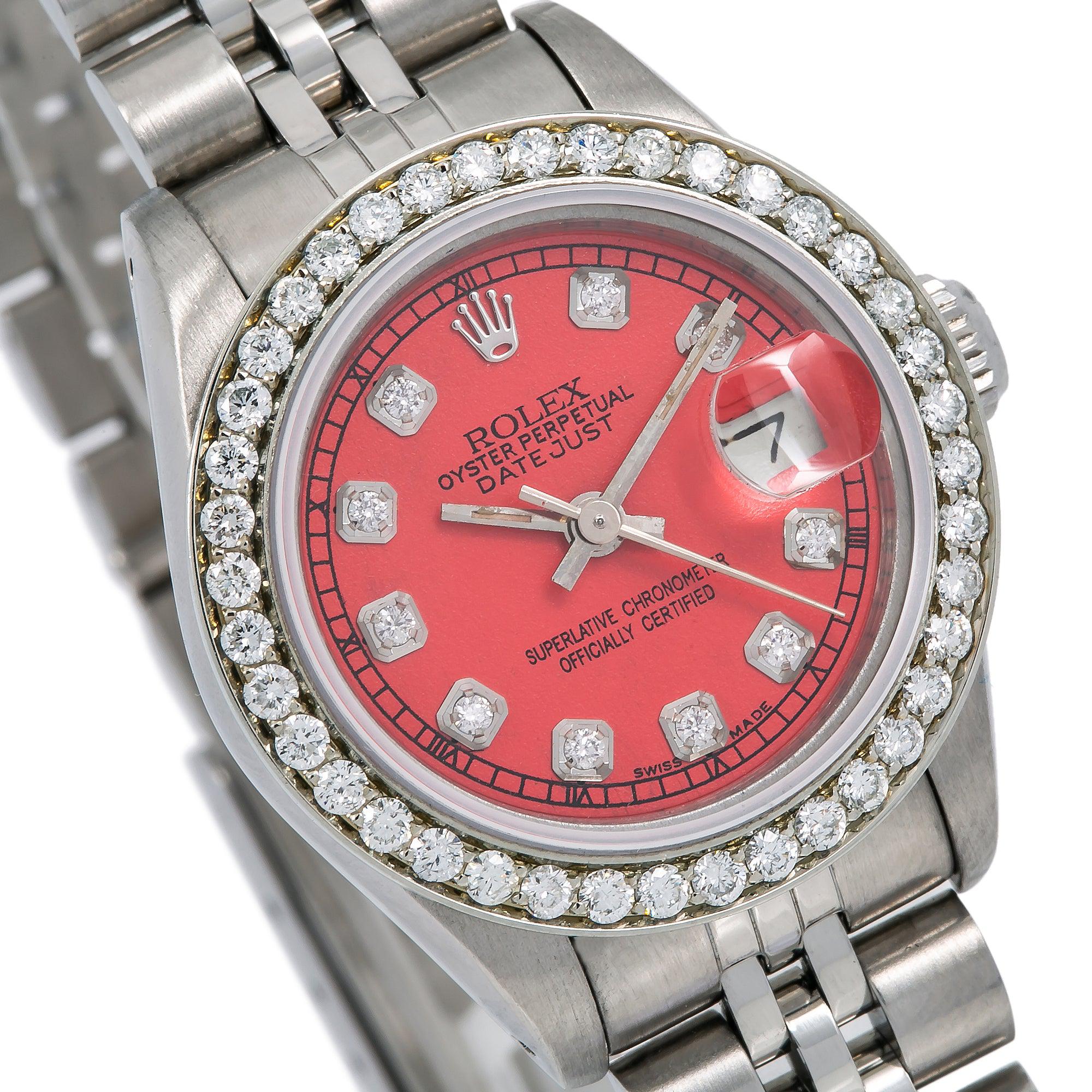 Rolex Lady-Datejust Diamond Watch, 69174 26mm, Red Diamond Dial With Stainless Steel Jubilee Bracelet