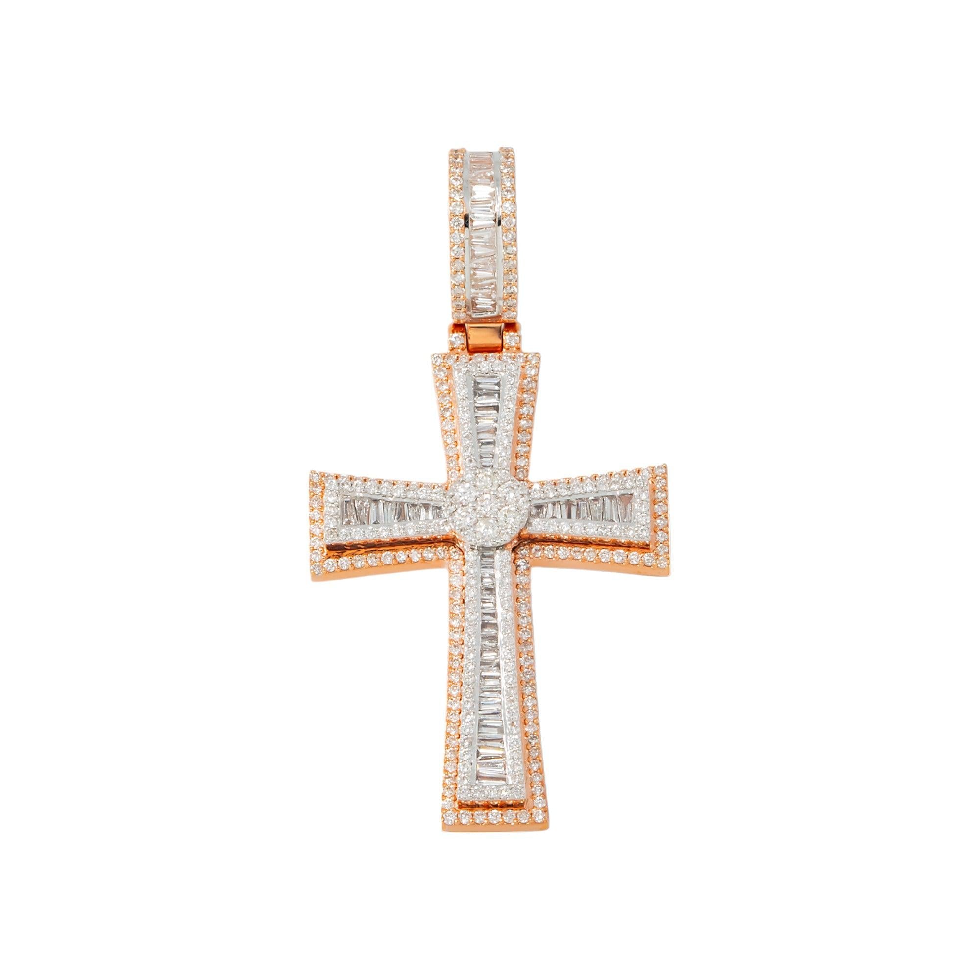10K GOLD BAGUETTE AND ROUND DIAMOND CROSS PENDANT 2.03 CT