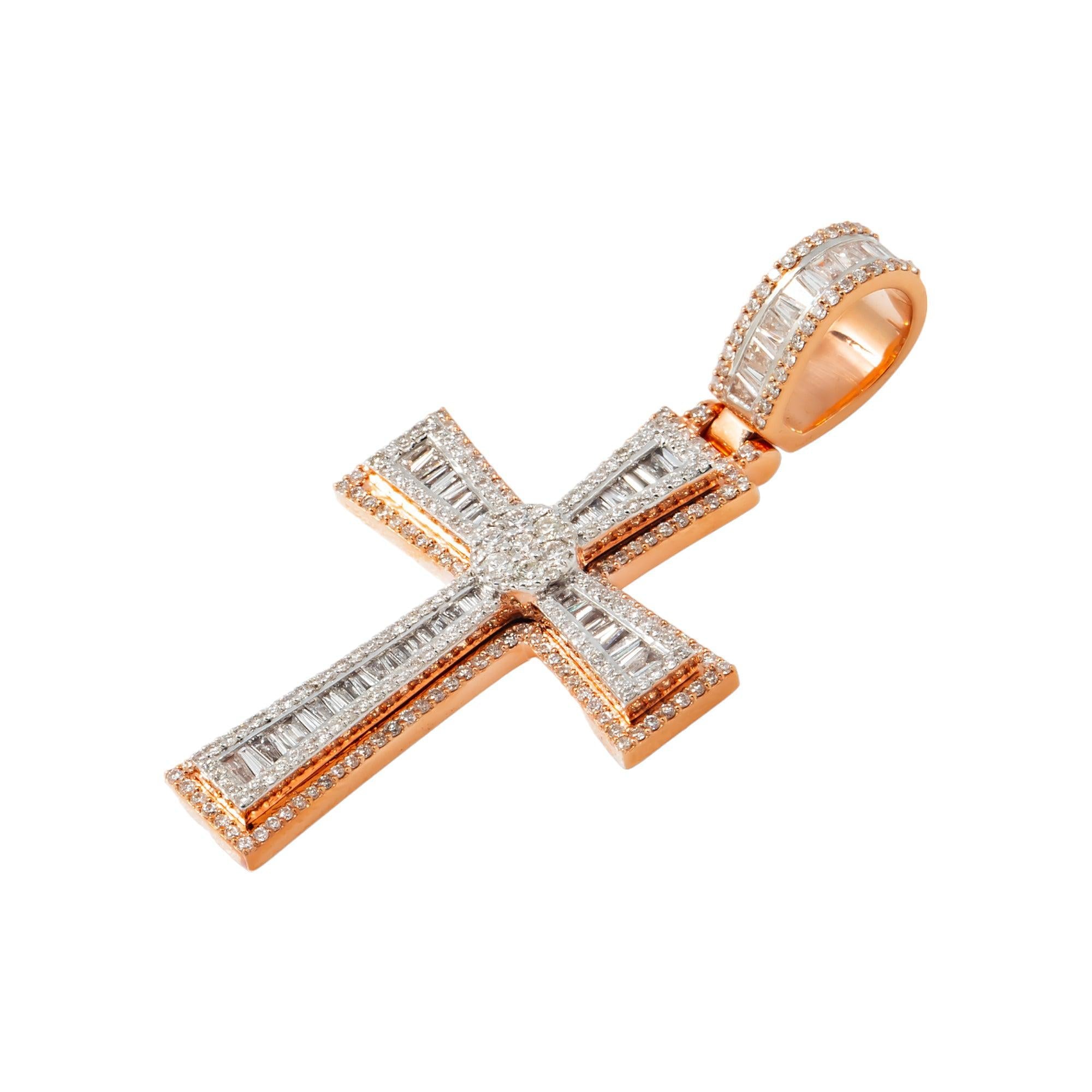 10K GOLD BAGUETTE AND ROUND DIAMOND CROSS PENDANT 2.03 CT