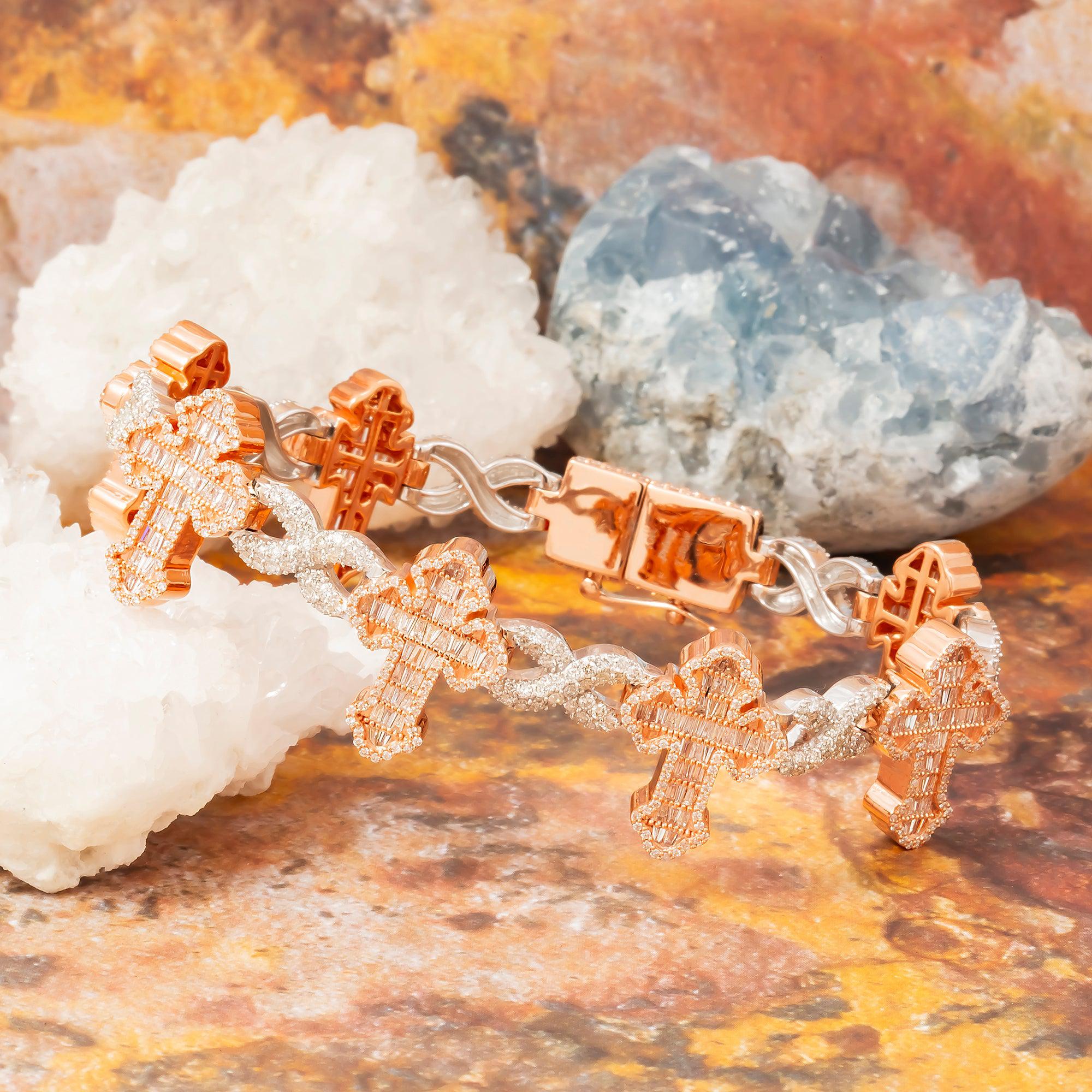 10K GOLD TWO TONE BAGUETTE AND ROUND DIAMONDS CROSS INFINITY CHAIN BRACELET 7.28 CT