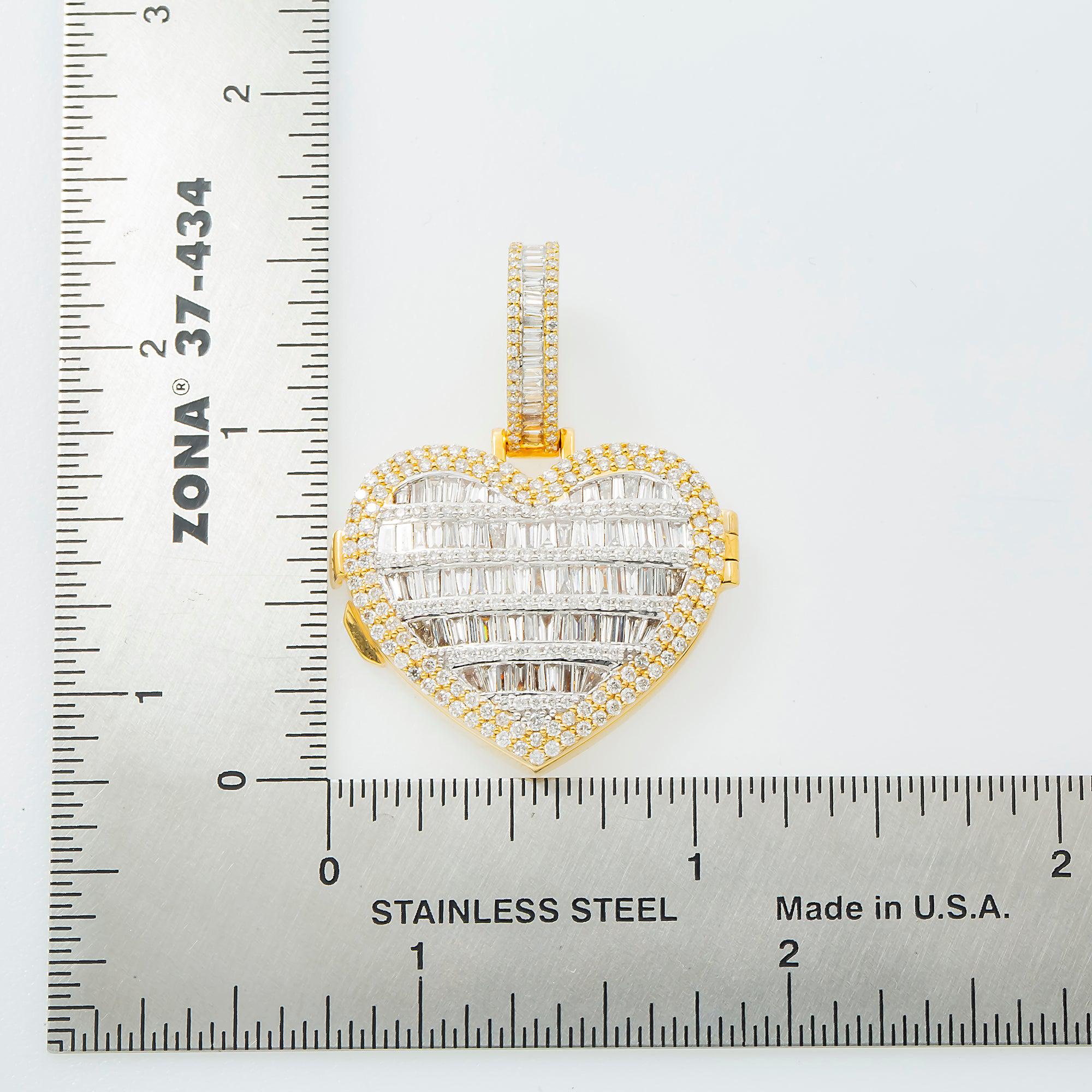 10K GOLD BAGUETTE DIAMOND HEART LOCKET PENDANT 3.28 CT