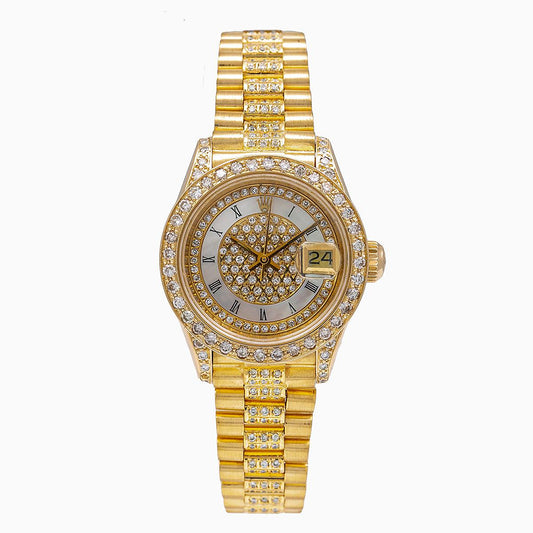 Rolex Lady-Datejust Diamond Watch, 69178 26mm, Champagne Diamond Dial With President Yellow Gold Bracelet