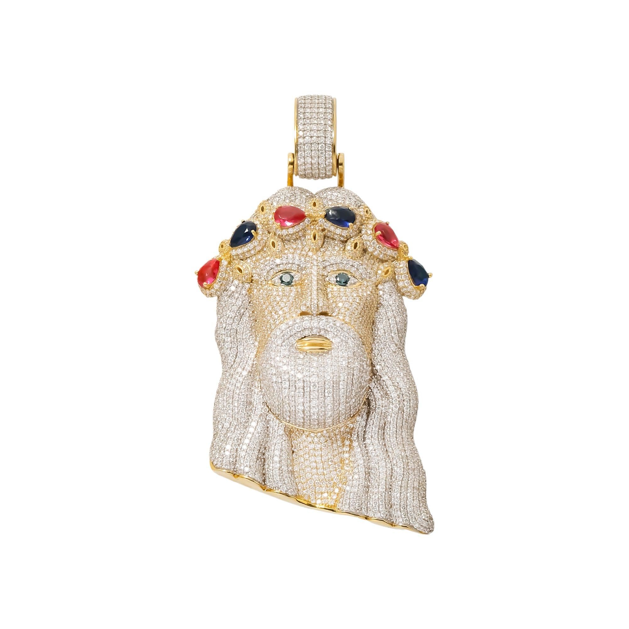 10K GOLD DIAMOND AND GEMSTONE JESUS HEAD PENDANT 13.06 CTW