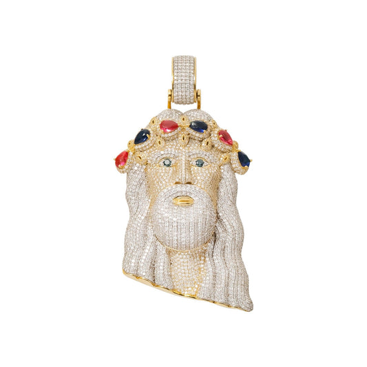 10K GOLD DIAMOND AND GEMSTONE JESUS HEAD PENDANT 13.06 CTW