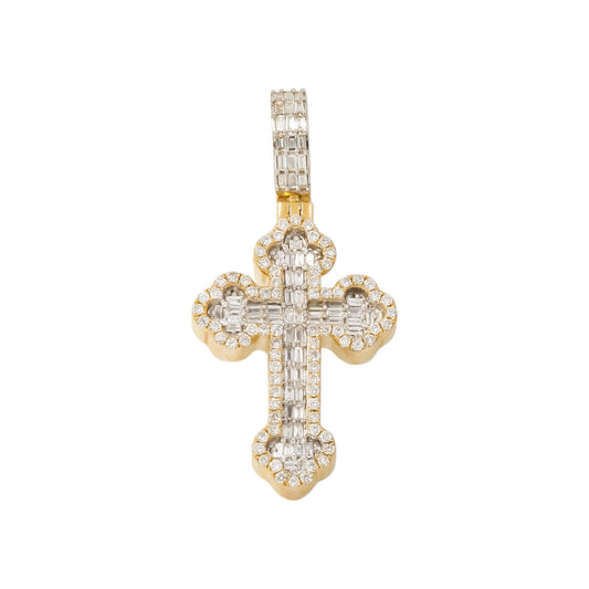 14K GOLD BAGUETTE AND ROUND DIAMOND CROSS PENDANT 1.25 CT