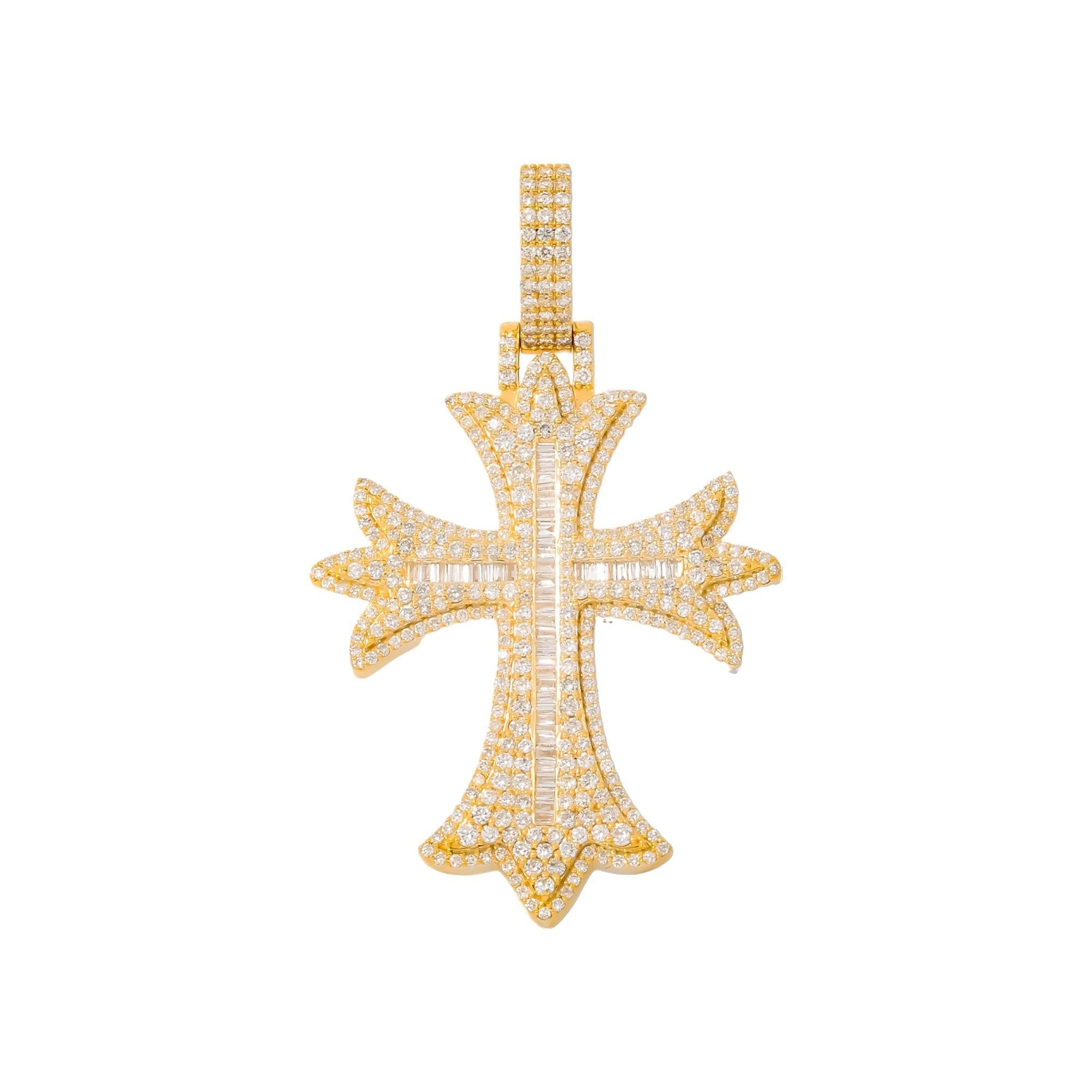 10K GOLD BAGUETTE AND ROUND DIAMOND CROSS PENDANT 3.02 CT