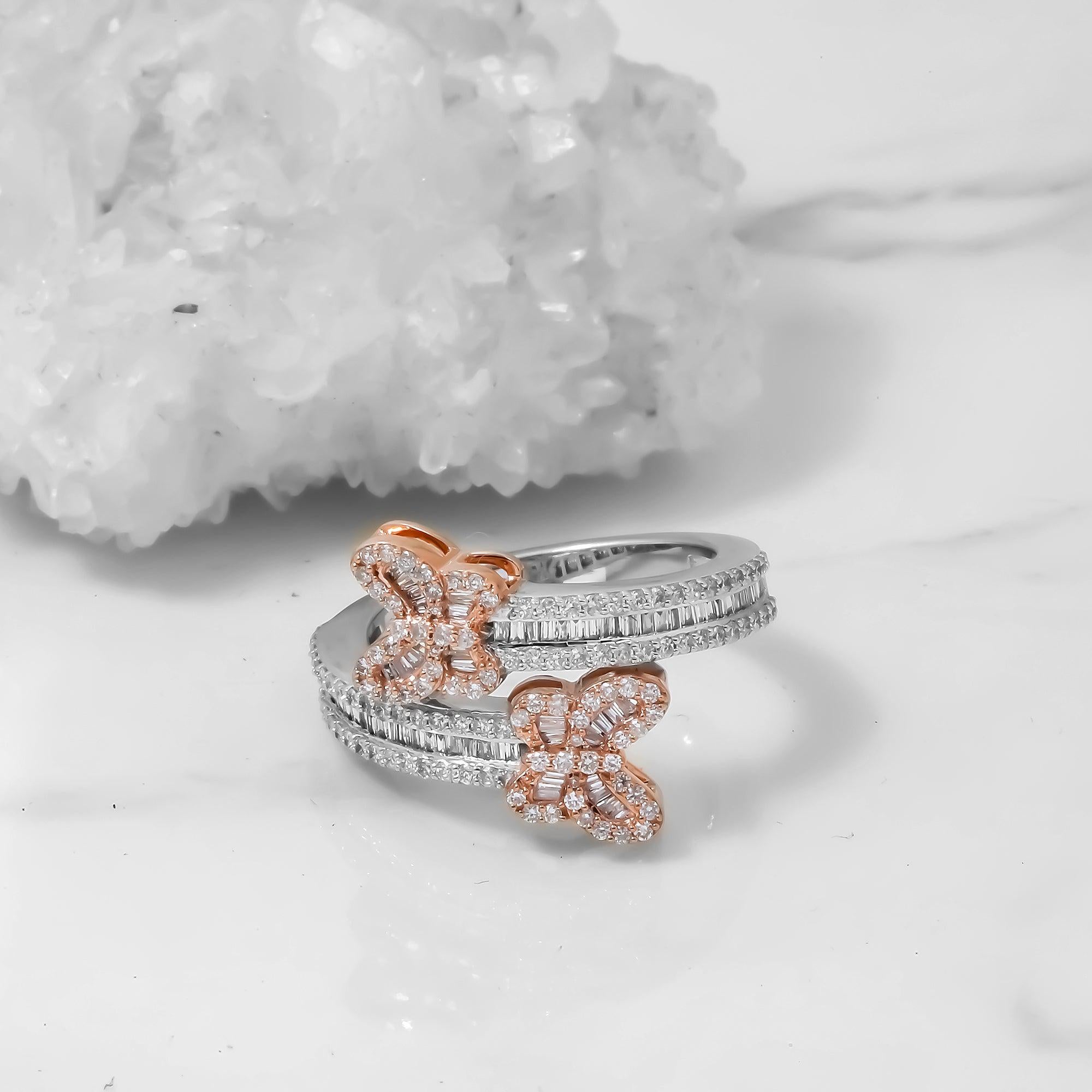 10K GOLD TWO TONE BAGUETTE AND ROUND DIAMOND BUTTERFLY WRAP RING 0.88 CT