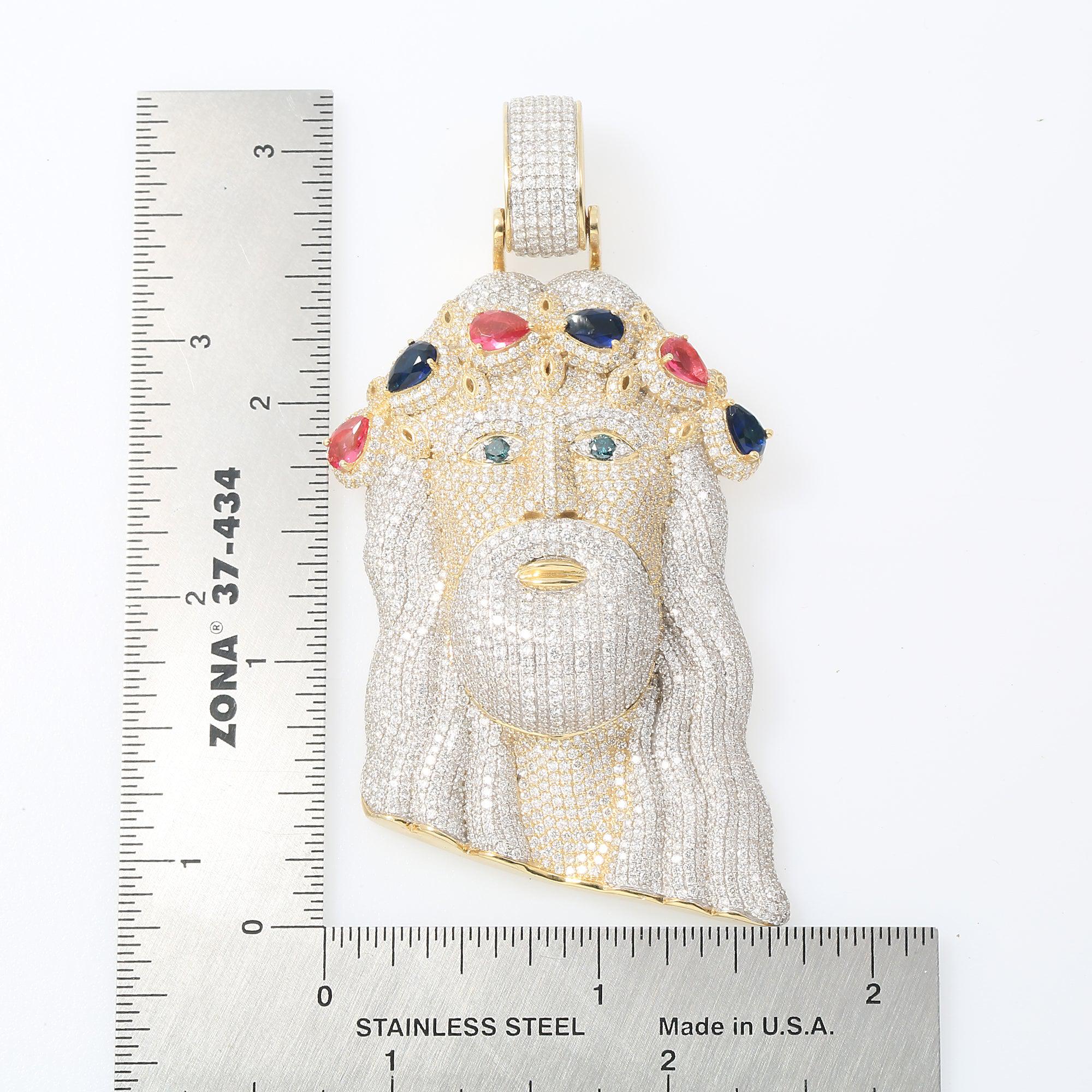 10K GOLD DIAMOND AND GEMSTONE JESUS HEAD PENDANT 13.06 CTW