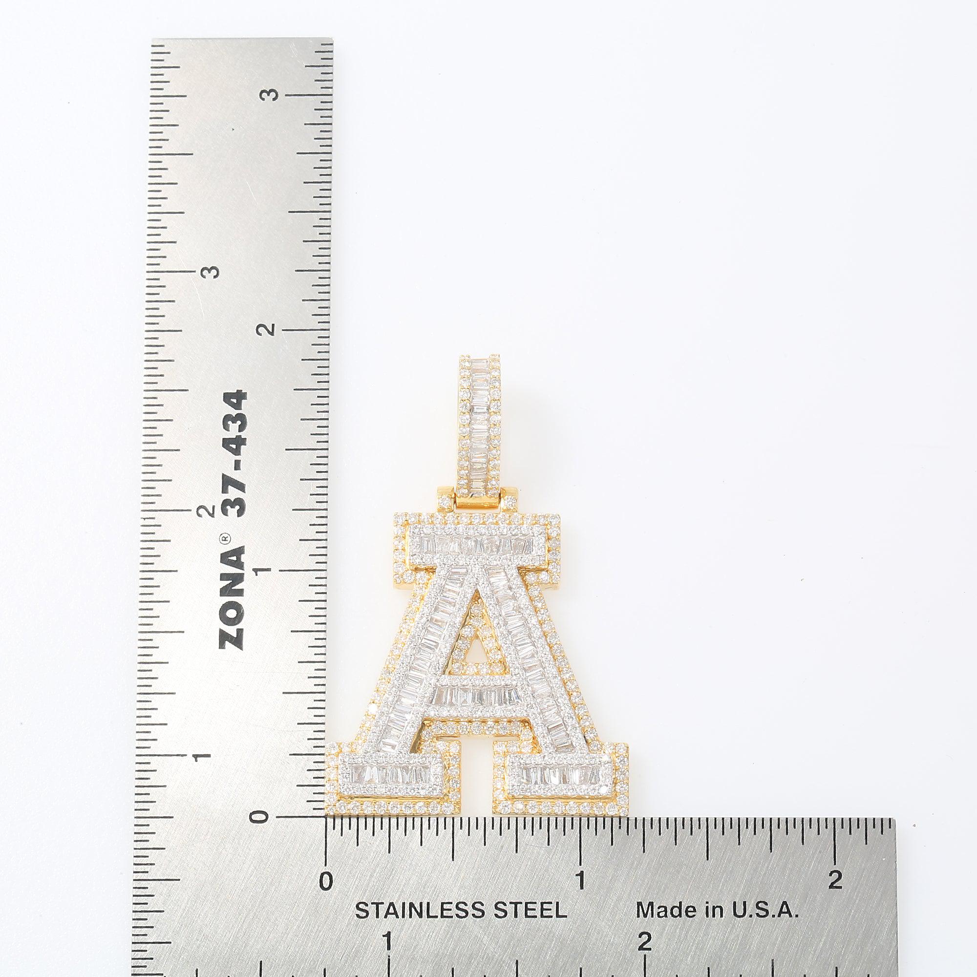 10K GOLD BAGUTTE AND ROUND DIAMOND INITIAL LETTER A PENDANT 2.96 CT