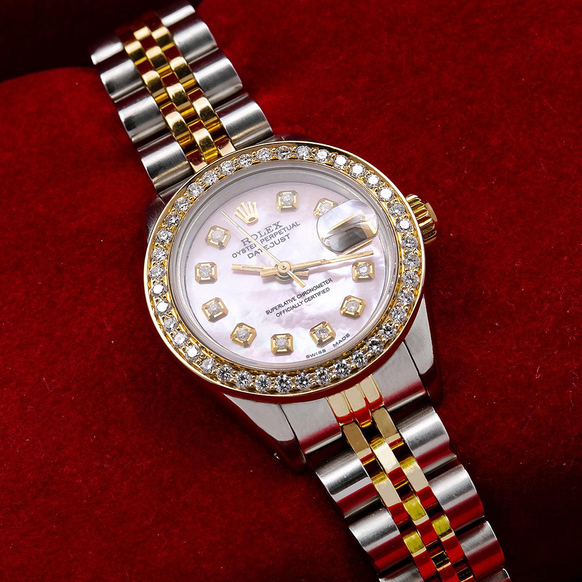 Rolex Datejust Diamond Watch, 69173 26mm, Pink Mother of Pearl Diamond Dial With 0.90 CT Diamonds