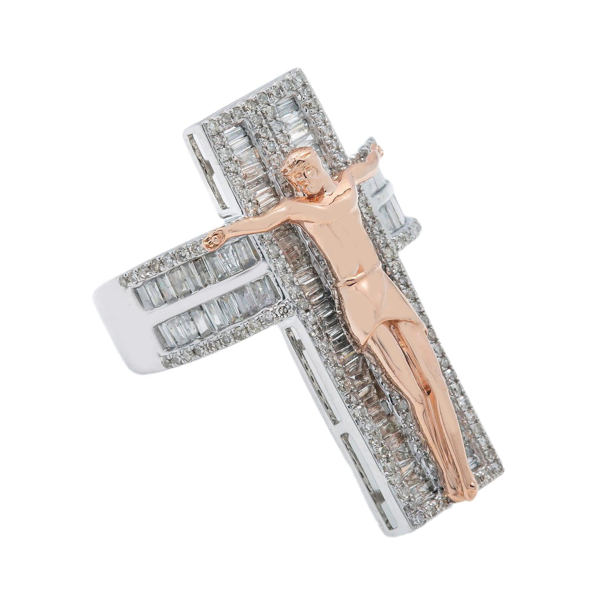 14K GOLD BAGUETTE DIAMOND CRUCIFIX TWO TONE RING 2.18 CT