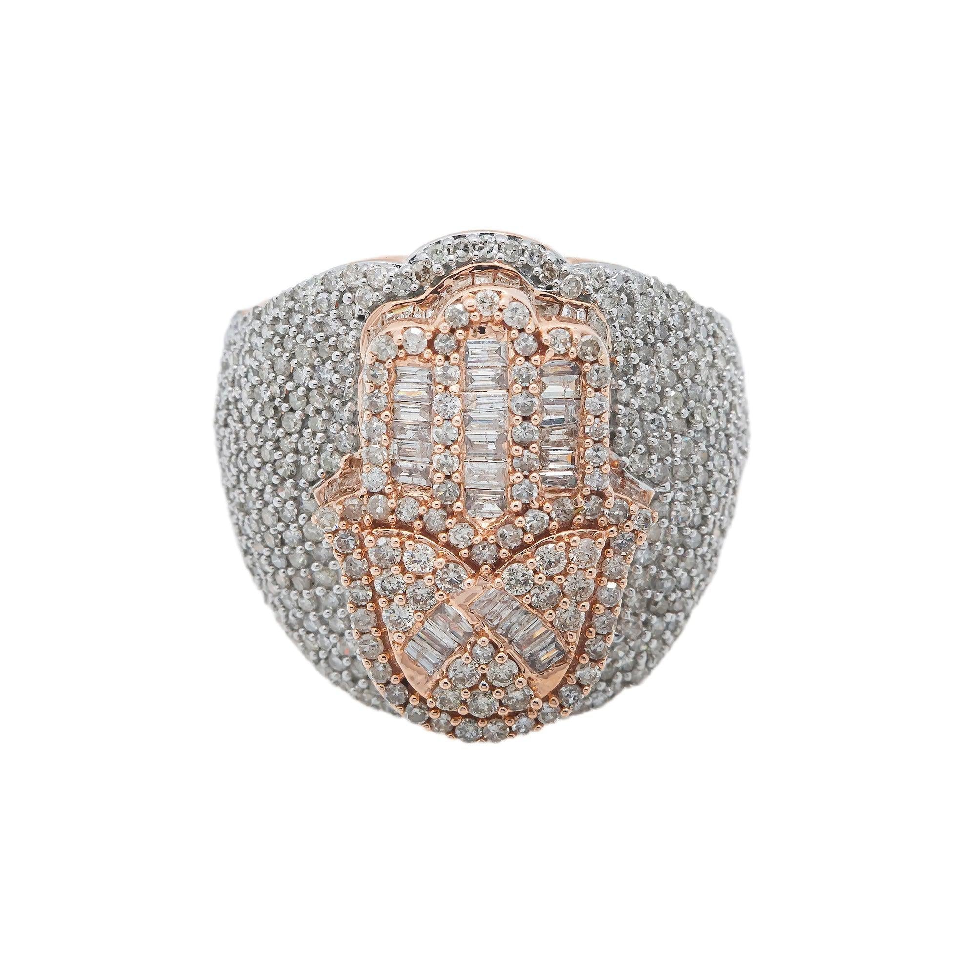 14K GOLD BAGUETTE CLUSTER DIAMOND HAMSA RING 4.60 CT