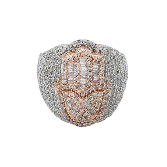 14K GOLD BAGUETTE CLUSTER DIAMOND HAMSA RING 4.60 CT