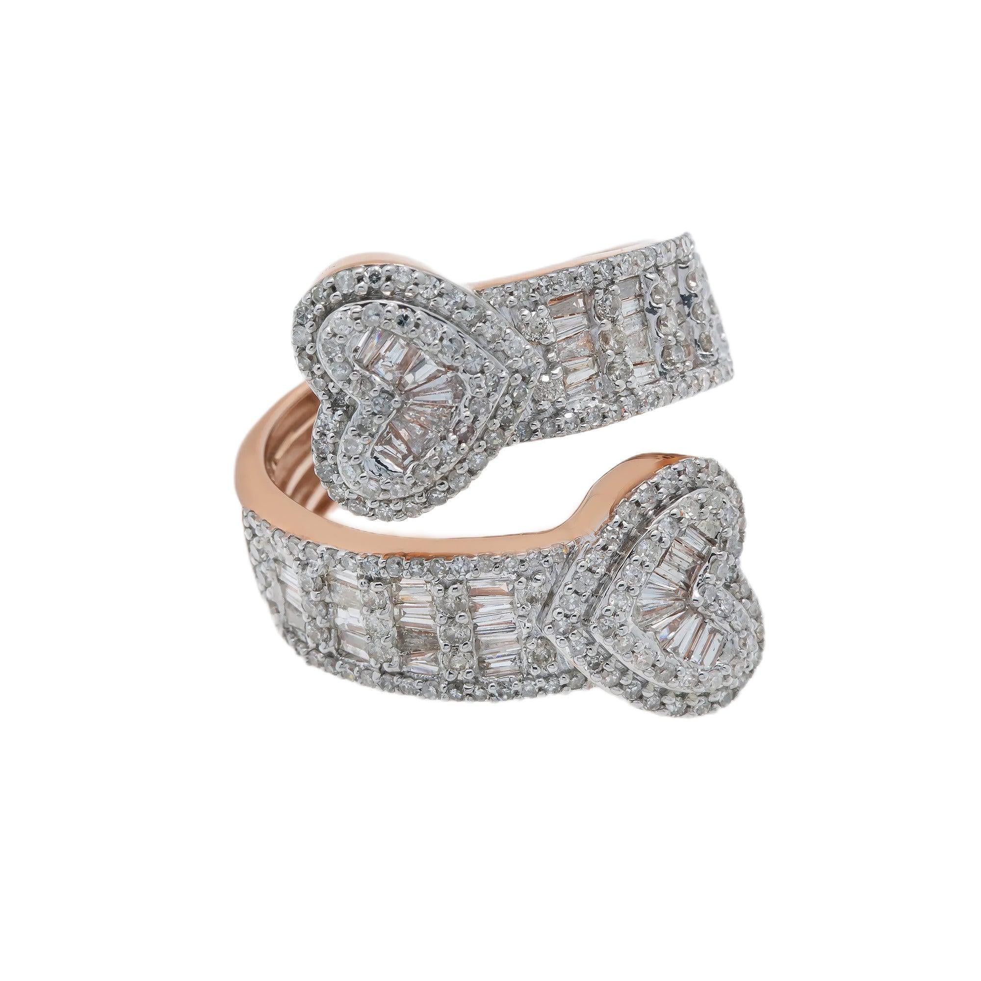 14K GOLD BAGUETTE CLUSTER DIAMOND DOUBLE HEART RING 2.54 CT