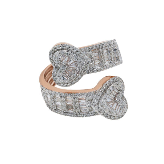 14K GOLD BAGUETTE CLUSTER DIAMOND DOUBLE HEART RING 2.54 CT