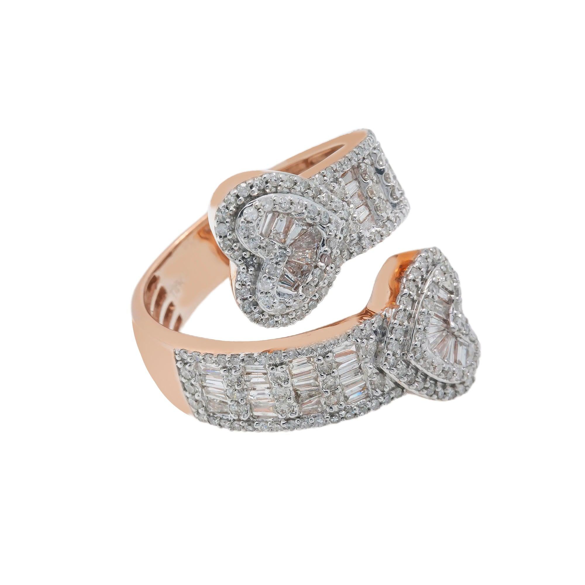 14K GOLD BAGUETTE CLUSTER DIAMOND DOUBLE HEART RING 2.54 CT