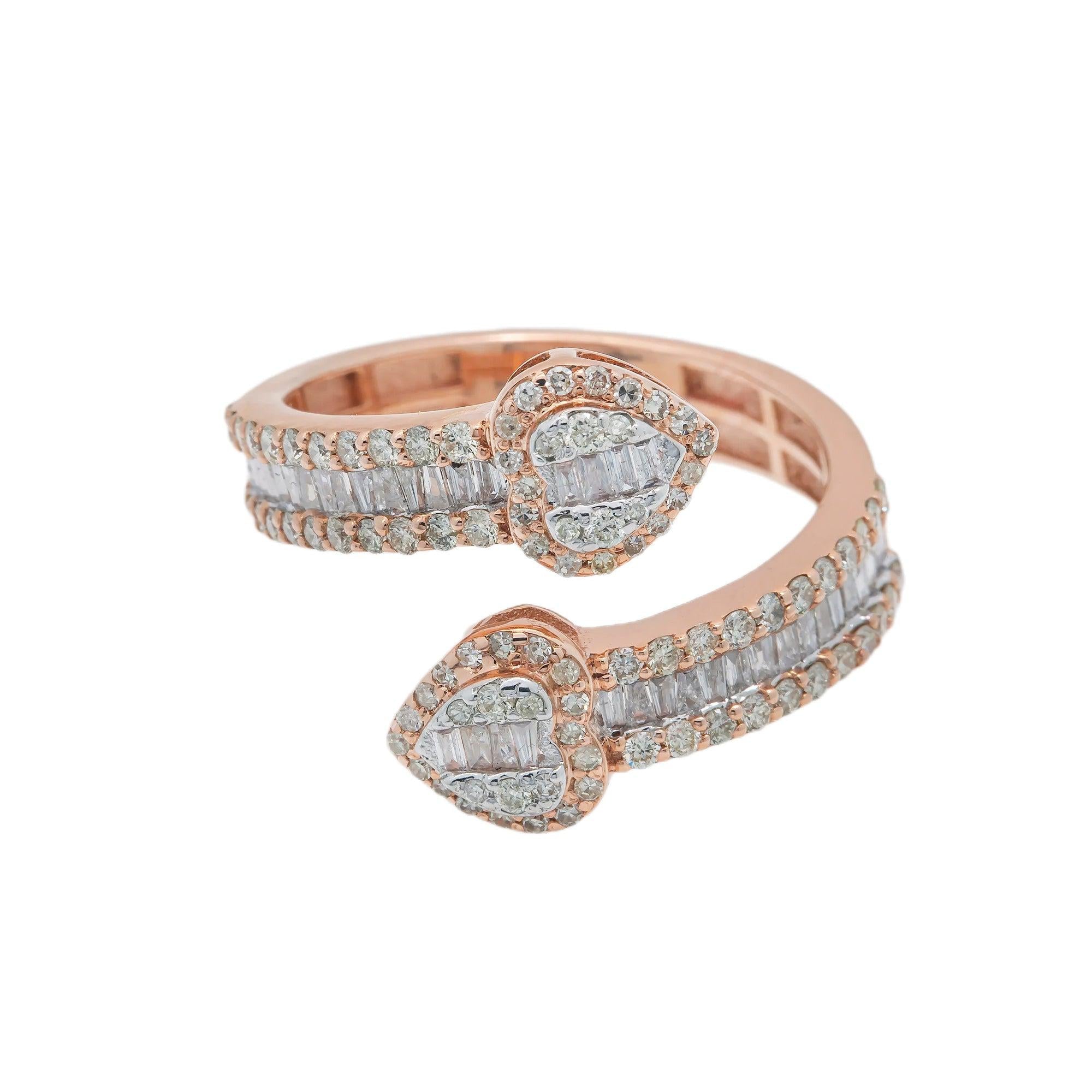 14K GOLD BAGUETTE CLUSTER DIAMOND DOUBLE HEART RING 1.63 CT