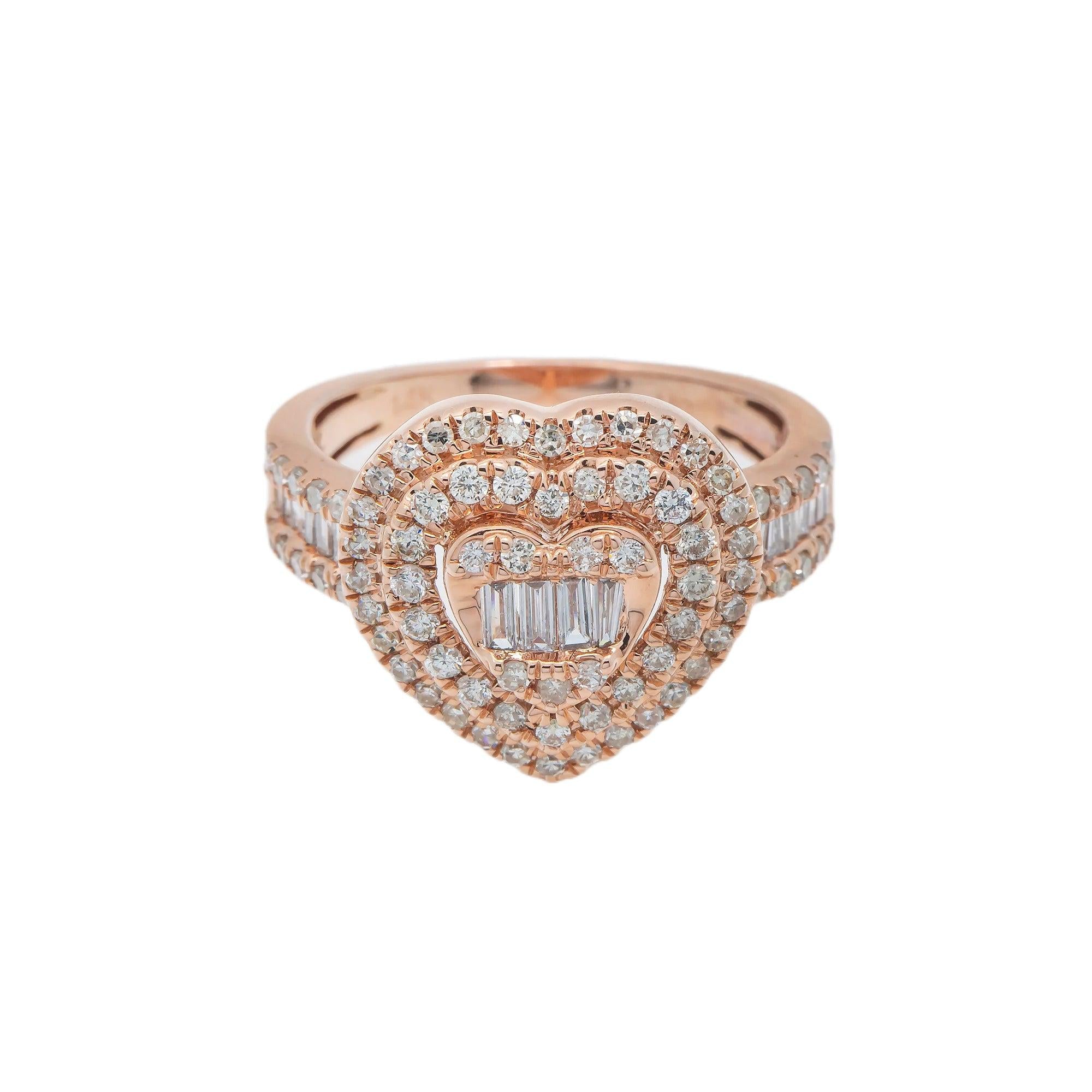 14K GOLD BAGUETTE CLUSTER DIAMOND HEART RING 1.24 CT