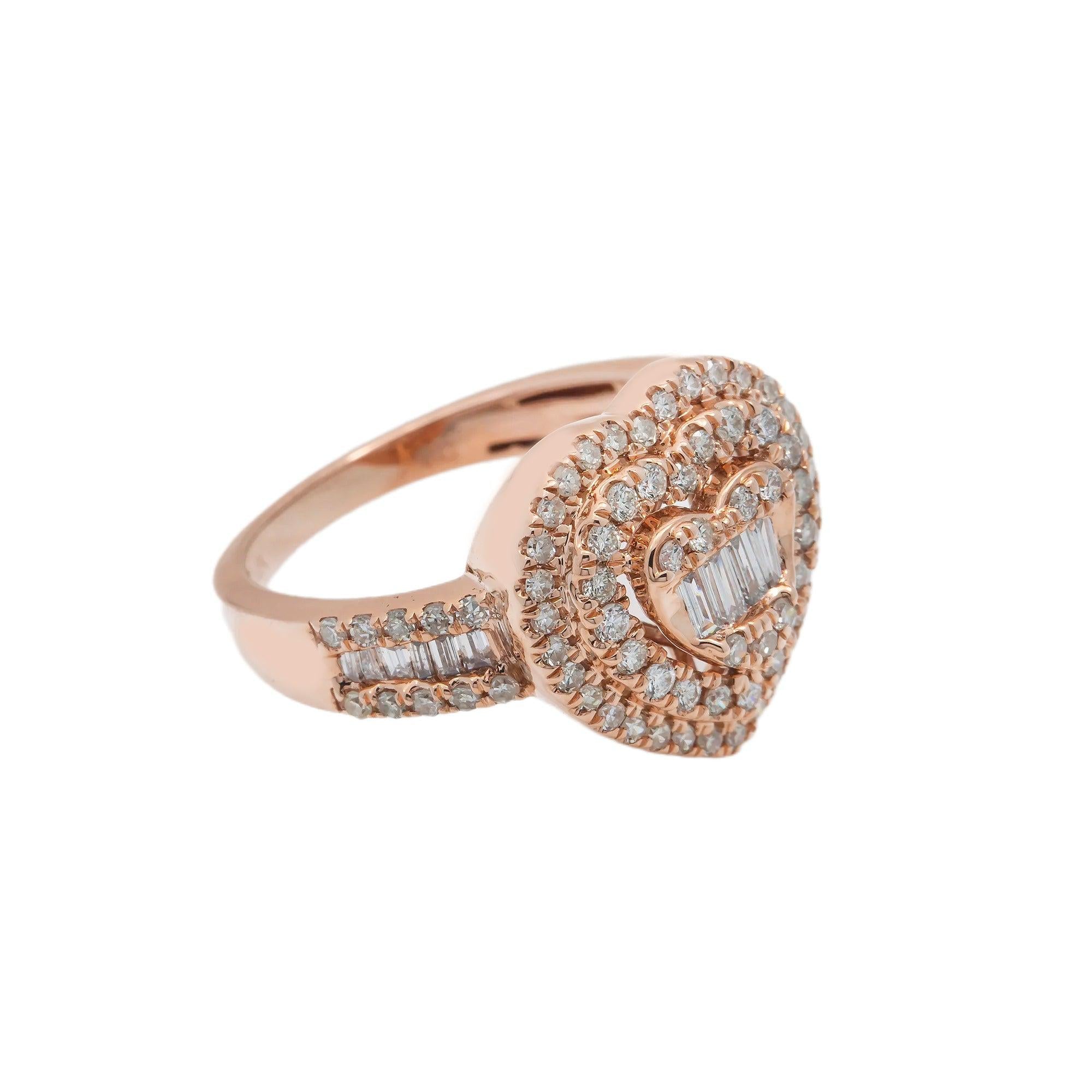 14K GOLD BAGUETTE CLUSTER DIAMOND HEART RING 1.24 CT