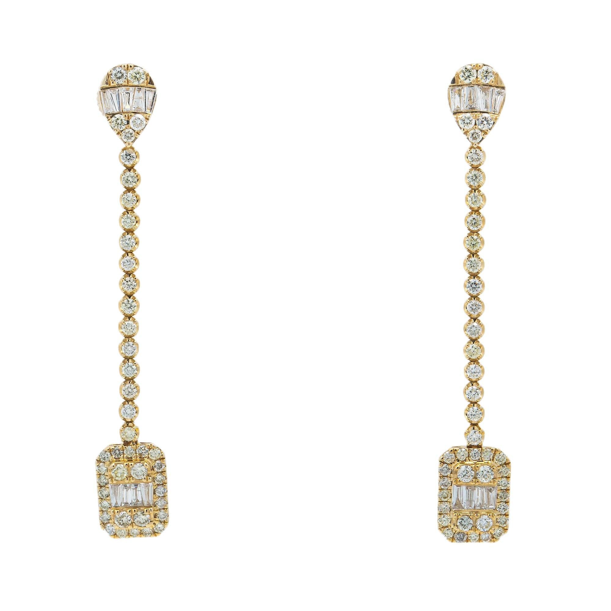 14K GOLD BAGUETTE AND ROUND DIAMOND DROP EARRINGS 2.16 CT