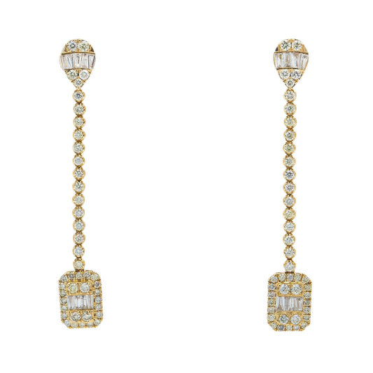 14K GOLD BAGUETTE AND ROUND DIAMOND DROP EARRINGS 2.16 CT