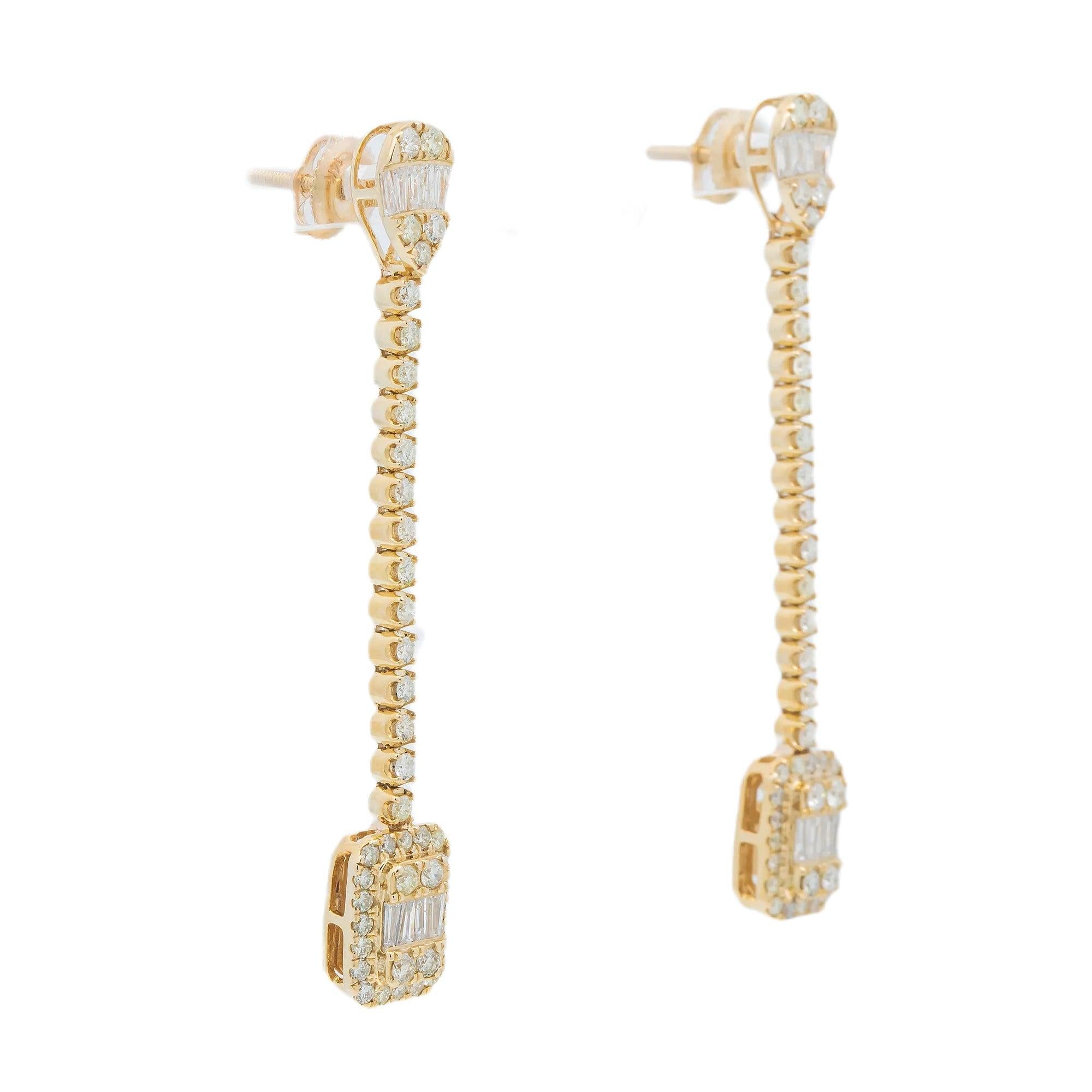 14K GOLD BAGUETTE AND ROUND DIAMOND DROP EARRINGS 2.16 CT