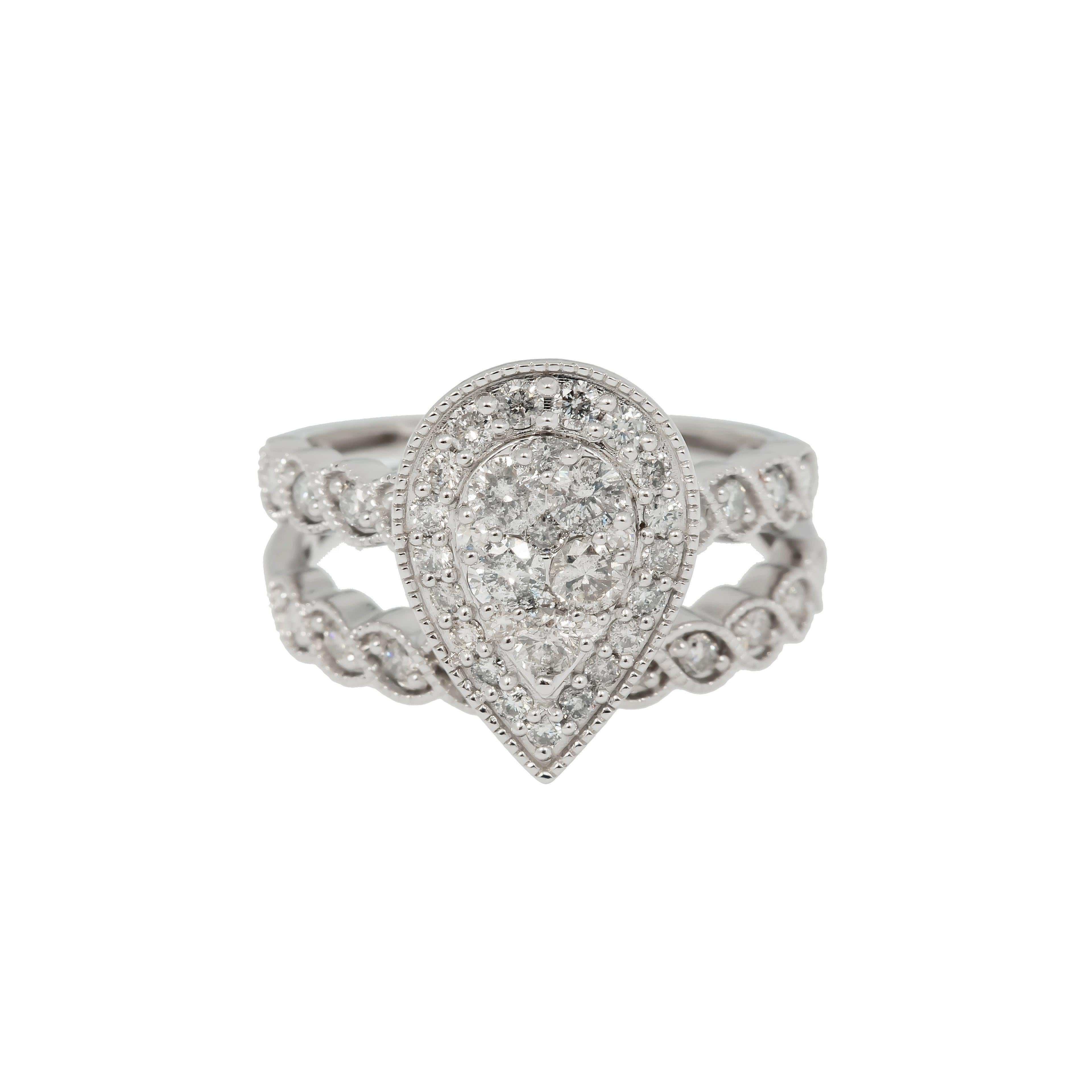 14K GOLD ROUND DIAMOND CLUSTER PEAR SHAPE BRIDAL SET 1.18 CTW