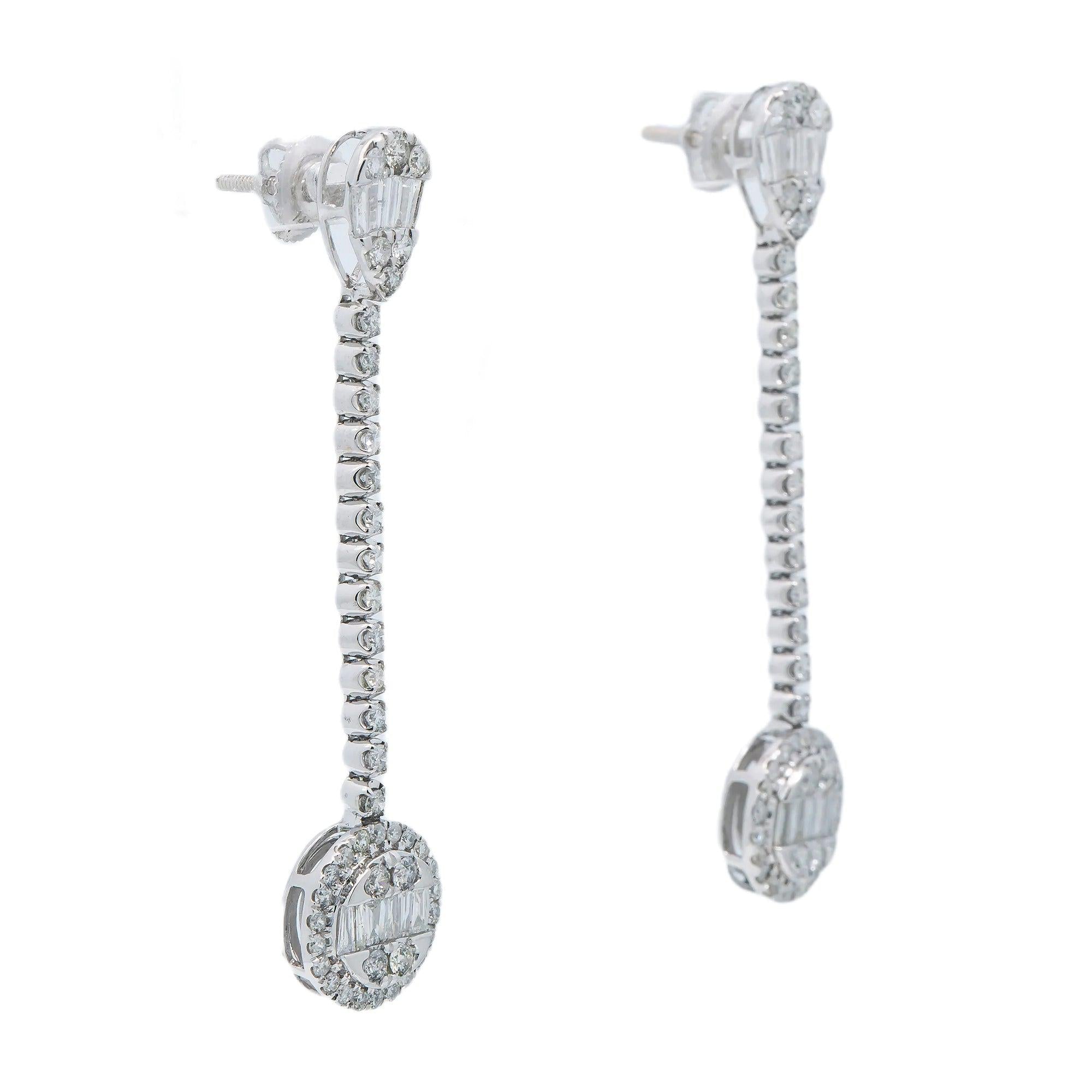 14K GOLD BAGUETTE AND ROUND DIAMOND DROP EARRINGS 2.52 CT