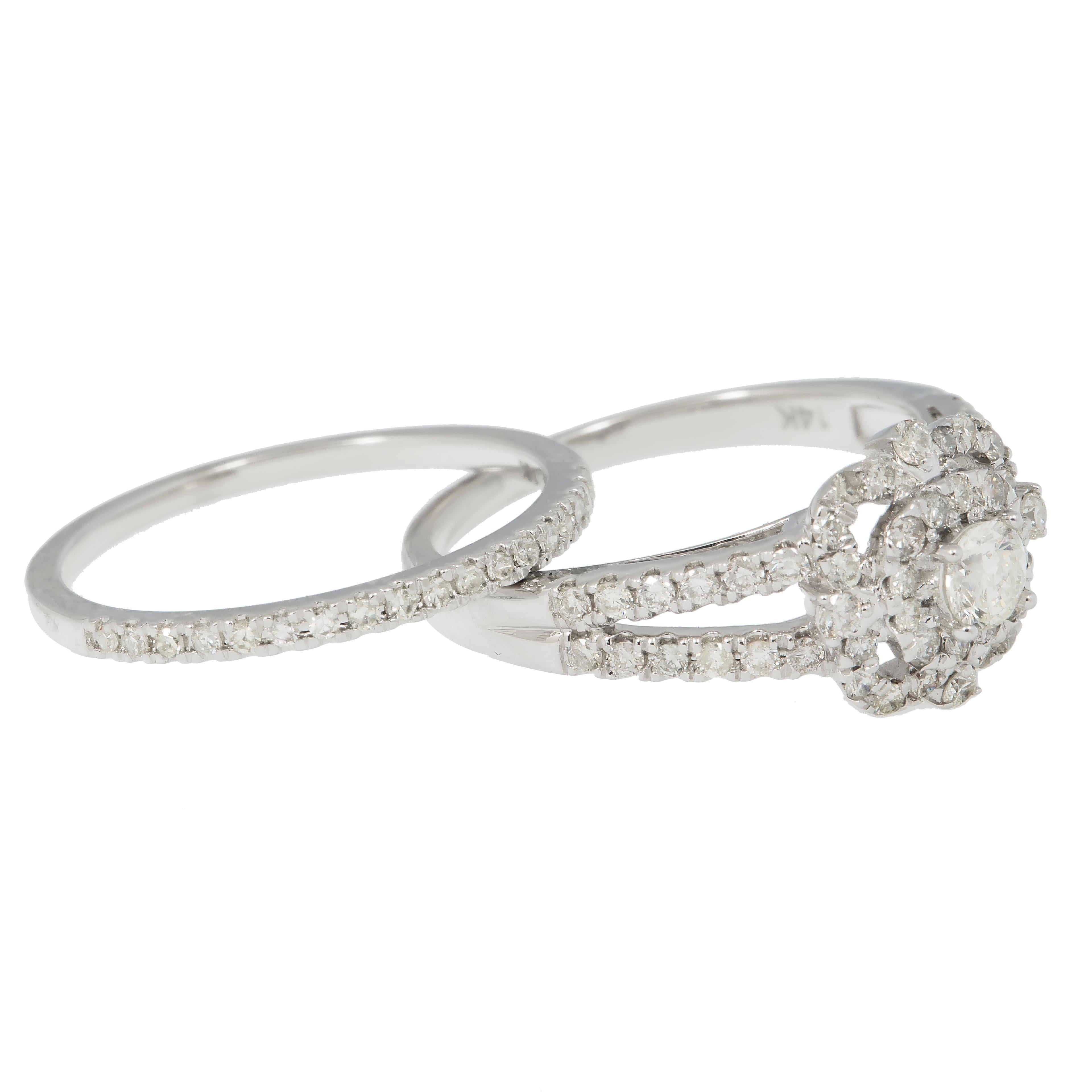 14K GOLD FLOWER SET DIAMOND TIERED HALO BRIDAL SET 1.14 CTW