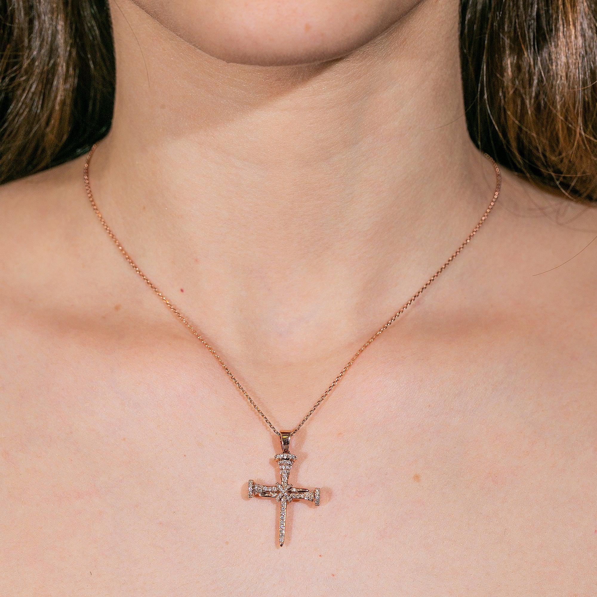 14K GOLD DIAMOND NAIL CROSS NECKLACE 0.35 CT