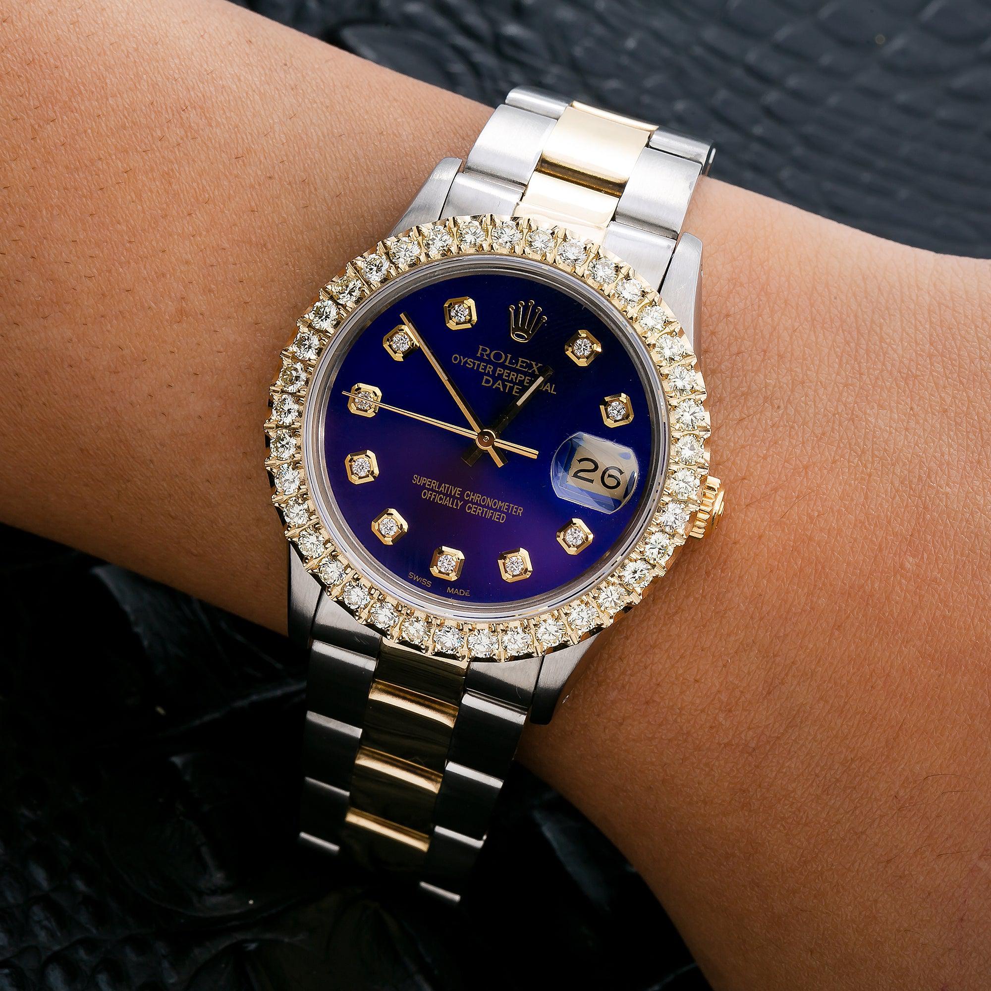 Rolex Oyster Perpetual Date 1500 34MM Blue Diamond Dial With Two Tone Oyster Bracelet