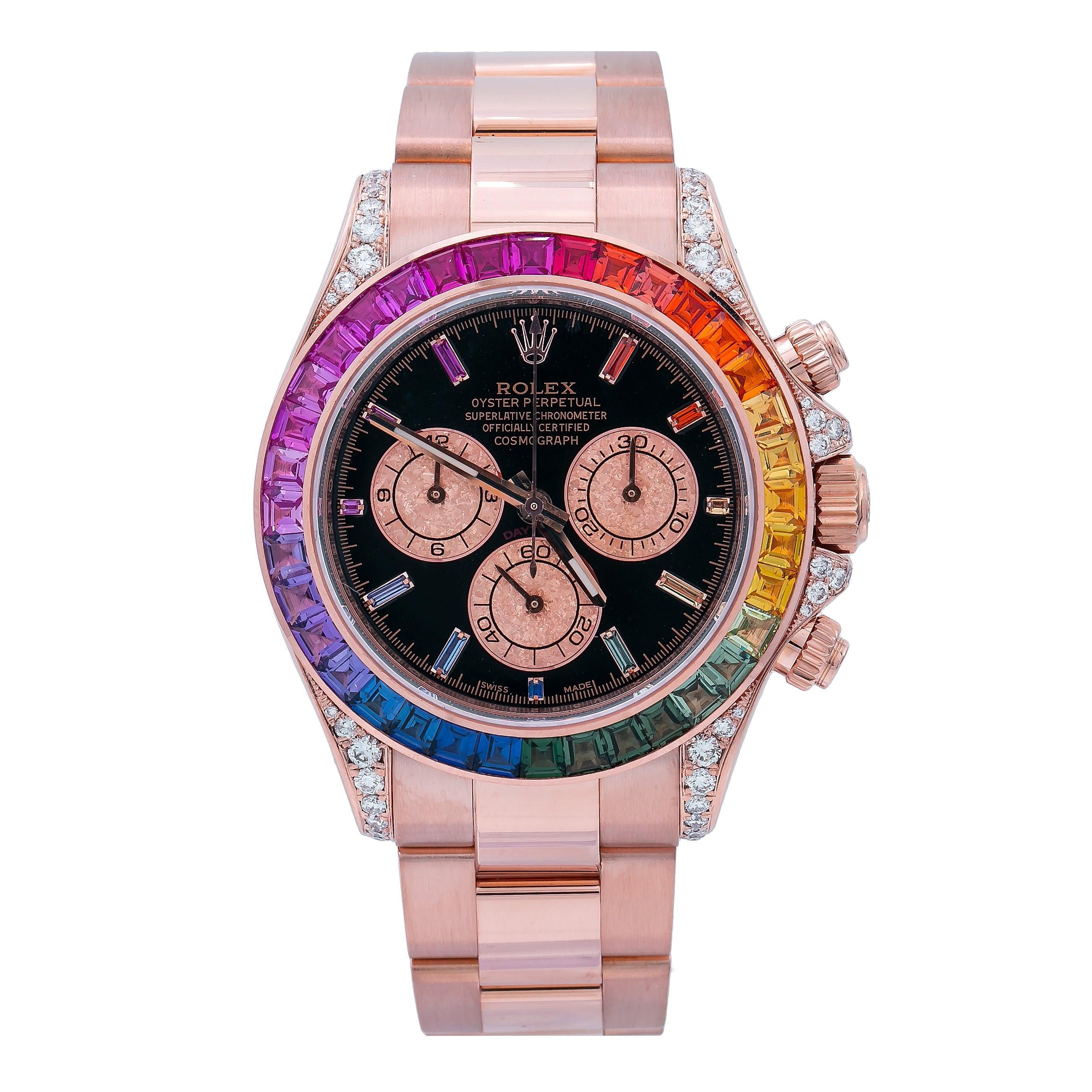 Rolex Daytona 116505 40MM Black Rainbow Diamond Dial And Bezel With Rose Gold Oyster Bracelet
