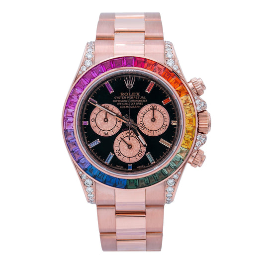 Rolex Daytona 116505 40MM Black Rainbow Diamond Dial And Bezel With Rose Gold Oyster Bracelet