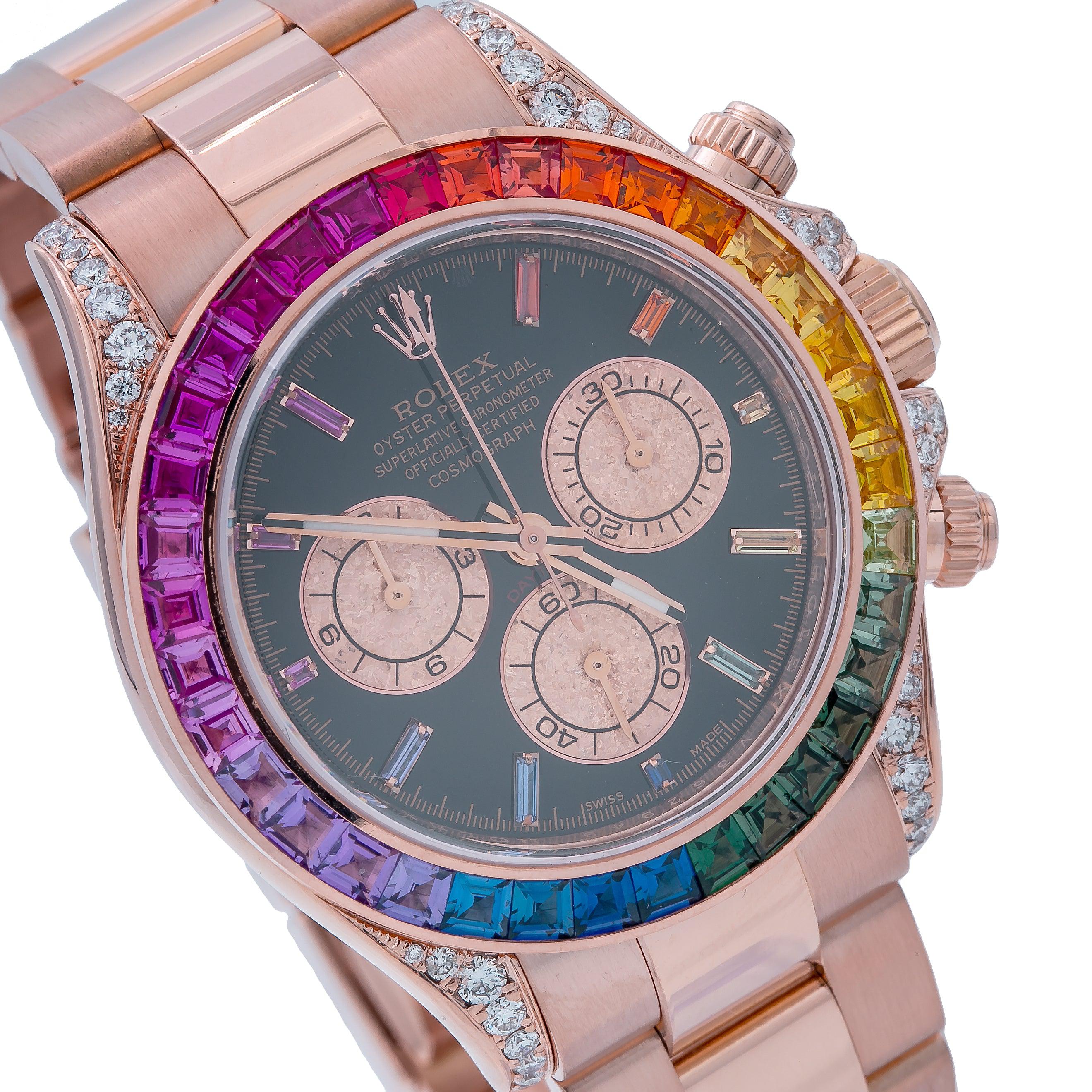 Rolex Daytona 116505 40MM Black Rainbow Diamond Dial And Bezel With Rose Gold Oyster Bracelet
