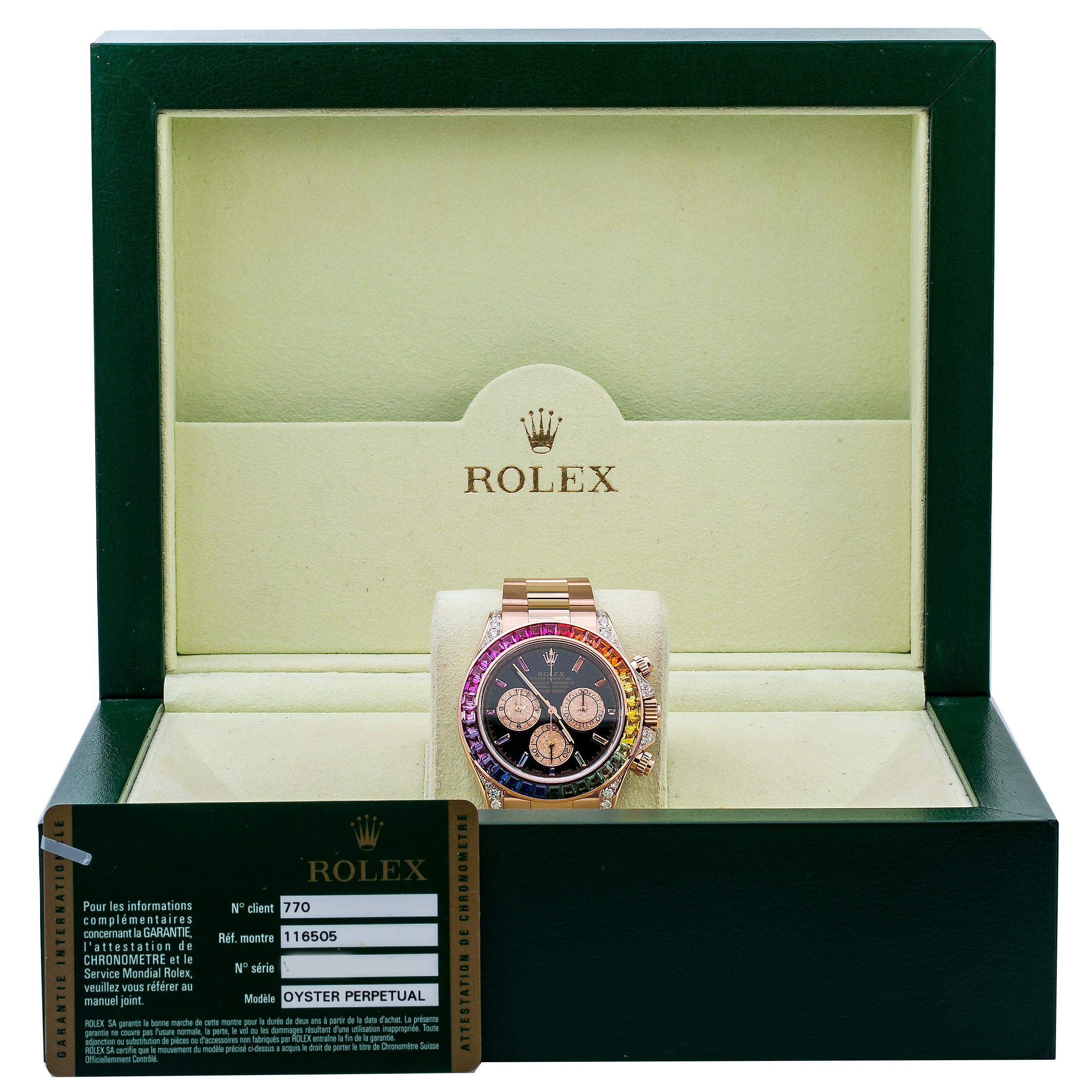 Rolex Daytona 116505 40MM Black Rainbow Diamond Dial And Bezel With Rose Gold Oyster Bracelet
